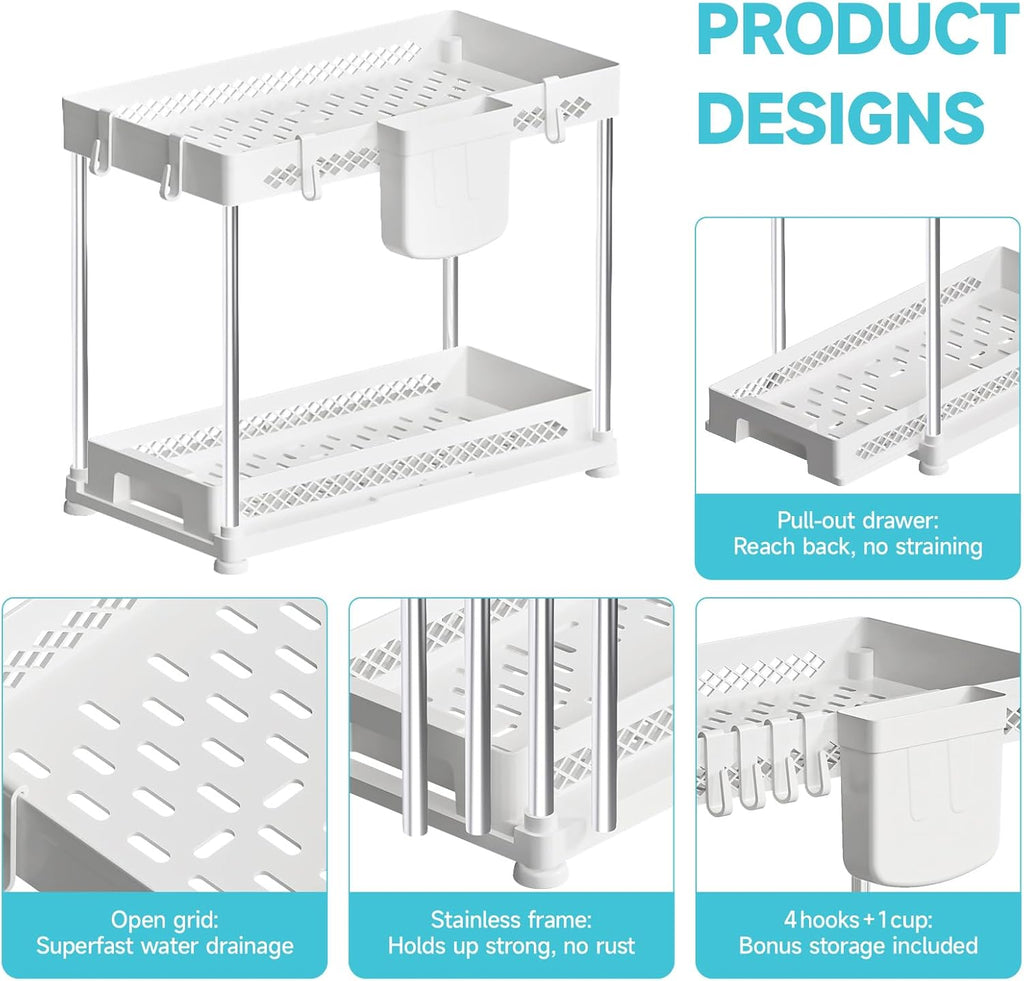 Under Sink Organizer, 2 Tier Pull Out Cabinet Organizer with Hooks Hanging Cup, Easy Installation & Rust-resistant, Multi-Purpose Storage Shelf for Kitchen Bathroom Pantry (White, 2 Pack)