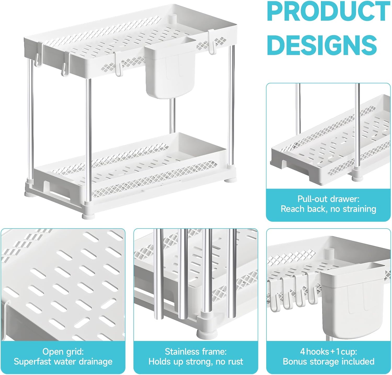 Under Sink Organizer, 2 Tier Pull Out Cabinet Organizer with Hooks Hanging Cup, Easy Installation & Rust-resistant, Multi-Purpose Storage Shelf for Kitchen Bathroom Pantry (White, 2 Pack)