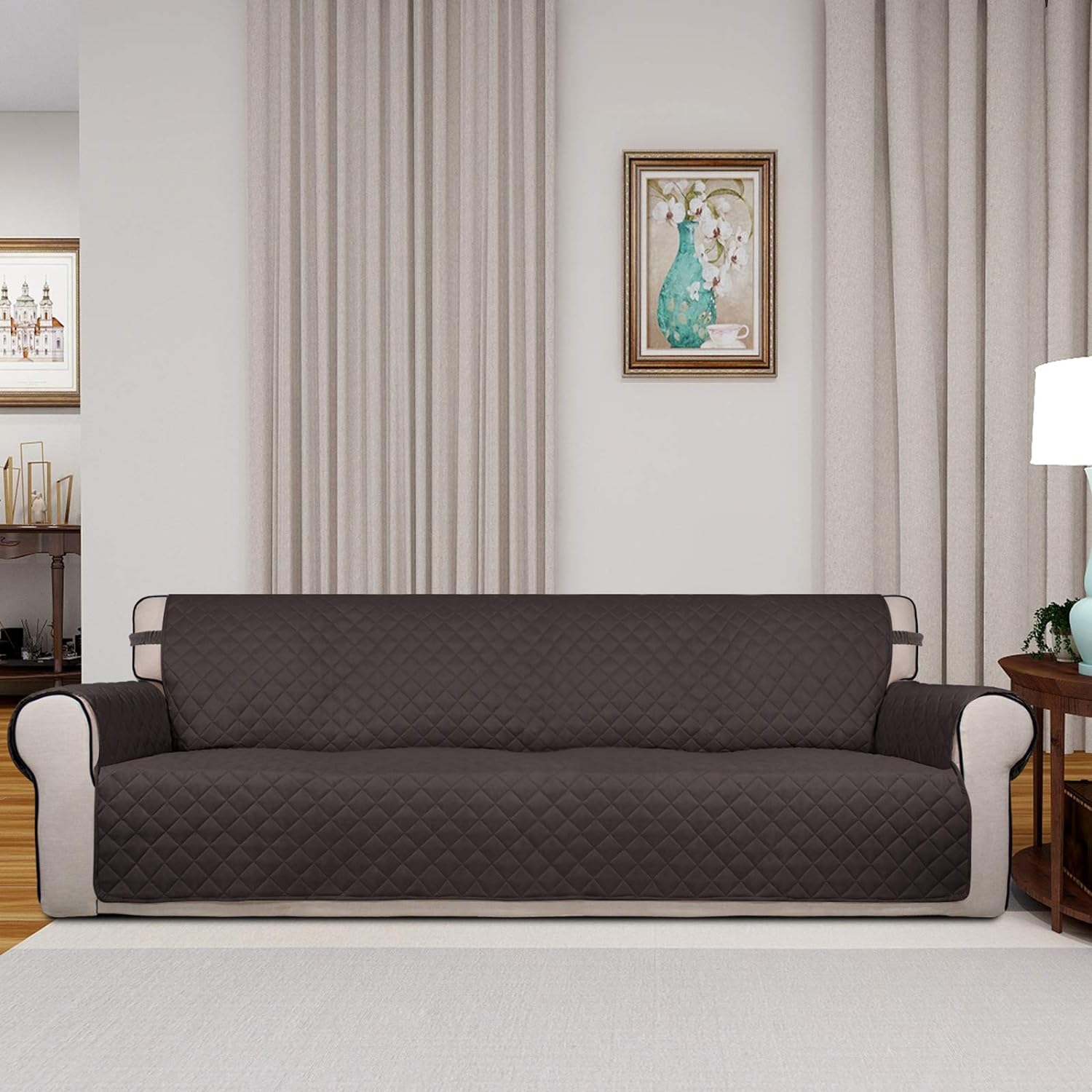PureFit Reversible Quilted Sofa Cover, Water Resistant Slipcover Furniture Protector, Washable Couch Cover with Non Slip and Elastic Straps for Kids, Dogs, Pets (XX Large, Chocolate/Beige)