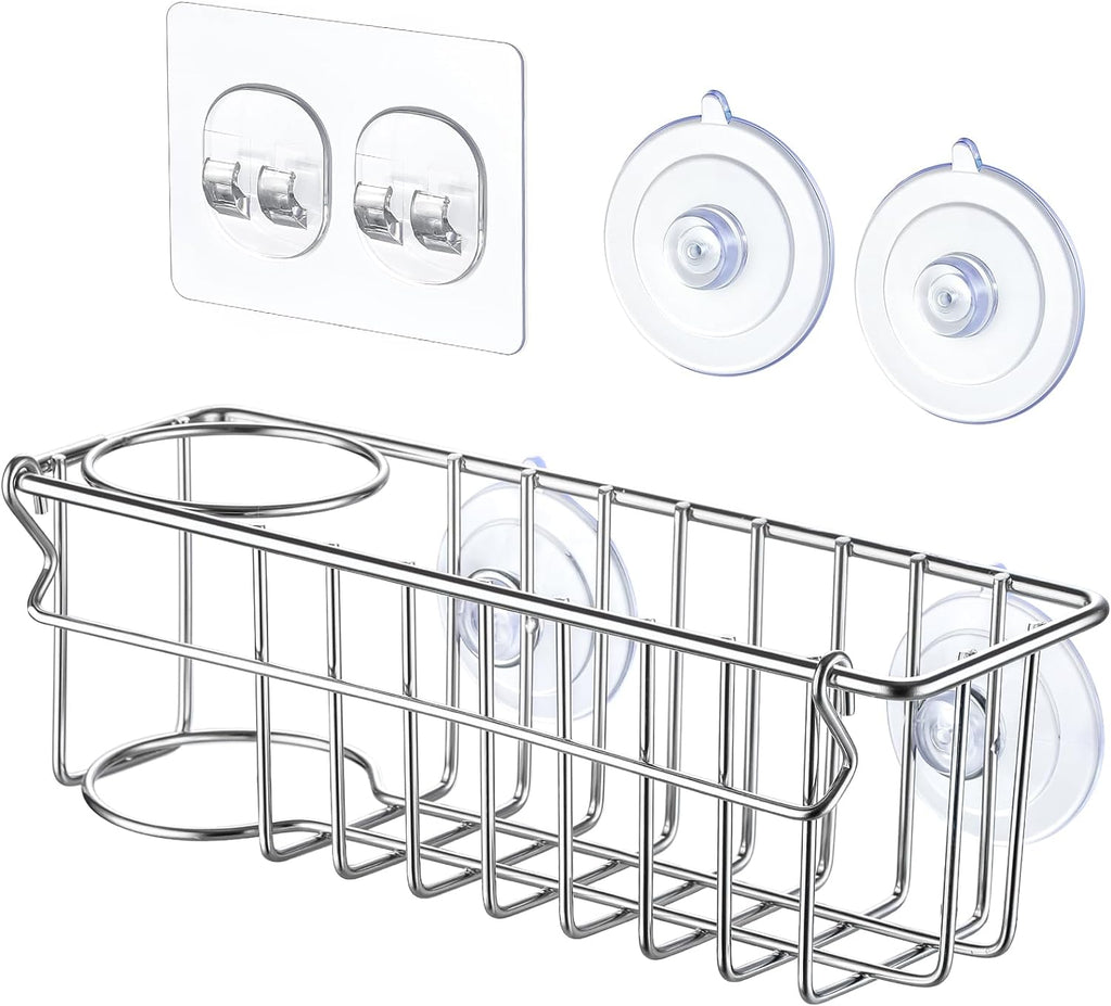 3-In-1 Sponge Holder for Kitchen Sink with Suction Cups & Adhesive Hook, In-sink Sponge Holder, Wall Hanging Sink Caddy Organizer Rack - Sponge, Dish Cloth, Brush, Scrubber - 304 Stainless Steel