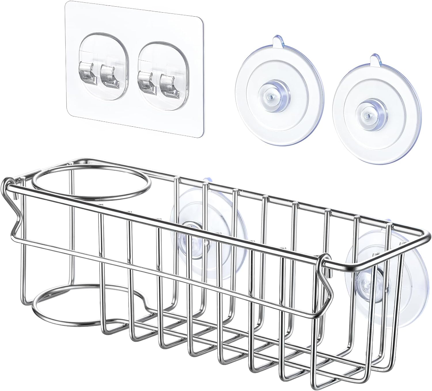 3-In-1 Sponge Holder for Kitchen Sink with Suction Cups & Adhesive Hook, In-sink Sponge Holder, Wall Hanging Sink Caddy Organizer Rack - Sponge, Dish Cloth, Brush, Scrubber - 304 Stainless Steel