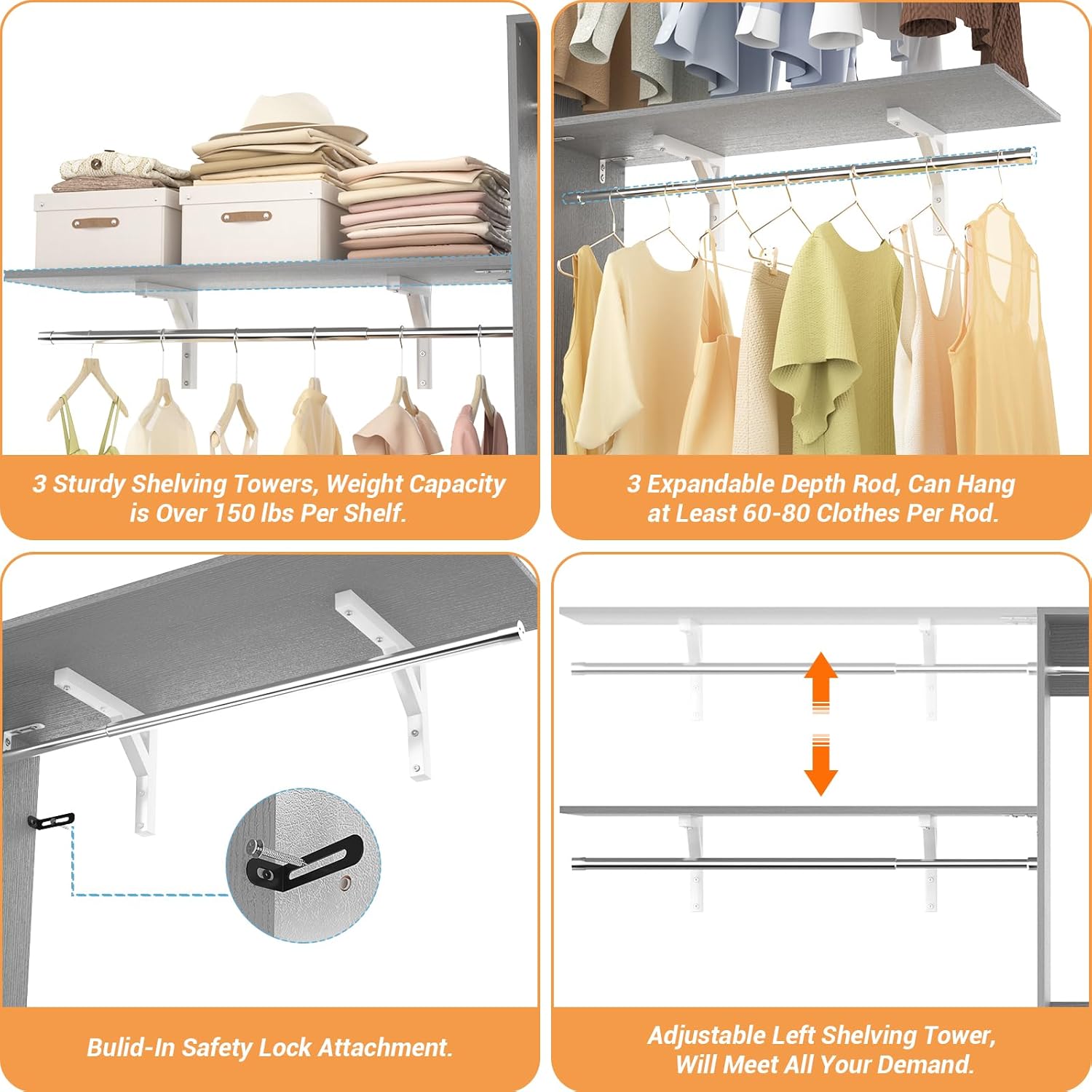 8FT Closet System with Shelves, 96'' Closet Organizer System with 3 Hanging Rods, Wall Mount Bedroom Wardrobe Walk-in Closet, Adjustable Cloth Garment Rack from 5 to 8FT (Cut to Fit), Grey