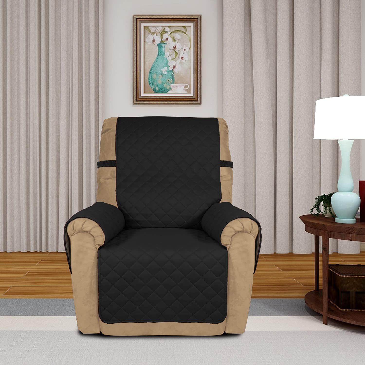 PureFit Reversible Quilted Sofa Cover, Water Resistant Slipcover Furniture Protector, Washable Couch Cover with Non Slip and Elastic Straps for Kids, Dogs, Pets (Small Recliner, Black/Black)
