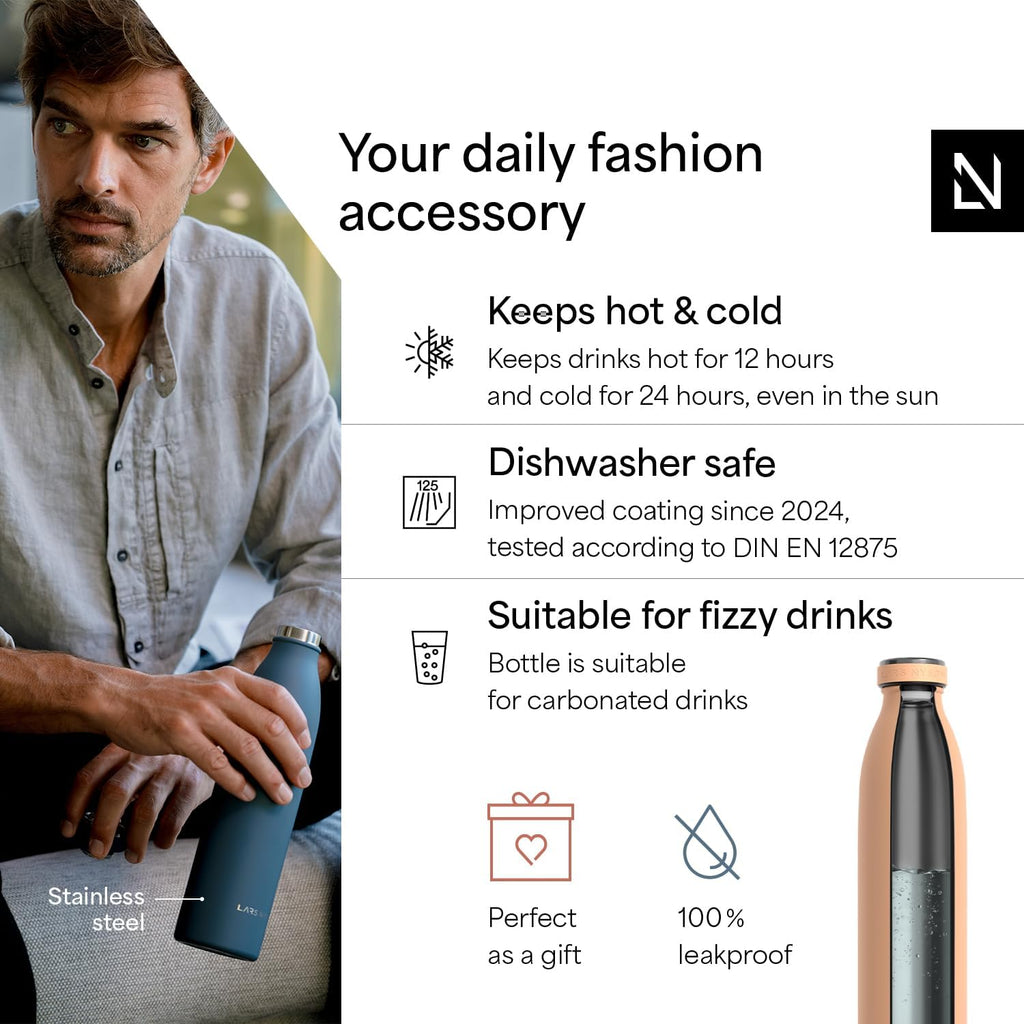 LARS NYSØM Stainless Steel Insulated Water Bottle 12oz 17oz 25oz 34oz 51oz | Insulated Thermo Flask for Hot and Cold Beverages | Leakproof Drinking Bottle (Creamy Peach, 33.9 oz)