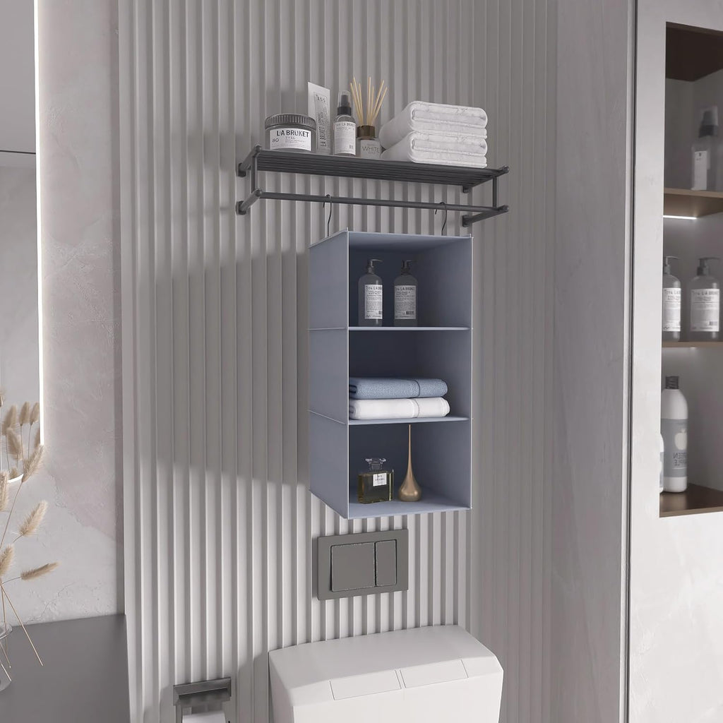 Hanging Closet Organizer and Storage 3-Shelf, Easy Mount Foldable Hanging Closet Wardrobe Storage Shelves, Clothes Handbag Shoes Accessories Storage, Washable Oxford Cloth Fabric, Gray