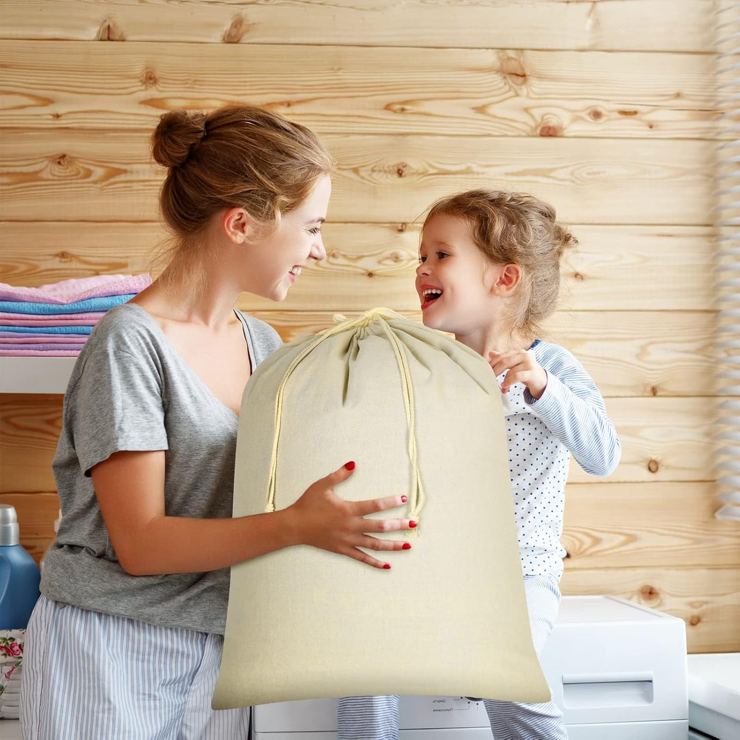 4 Pieces 28" x 36" Canvas Laundry Bags Bulk Large Cotton Laundry with Drawstring Heavy Duty Hamper Liner Washable Dirty Clothes Santa Bag for Travel Household