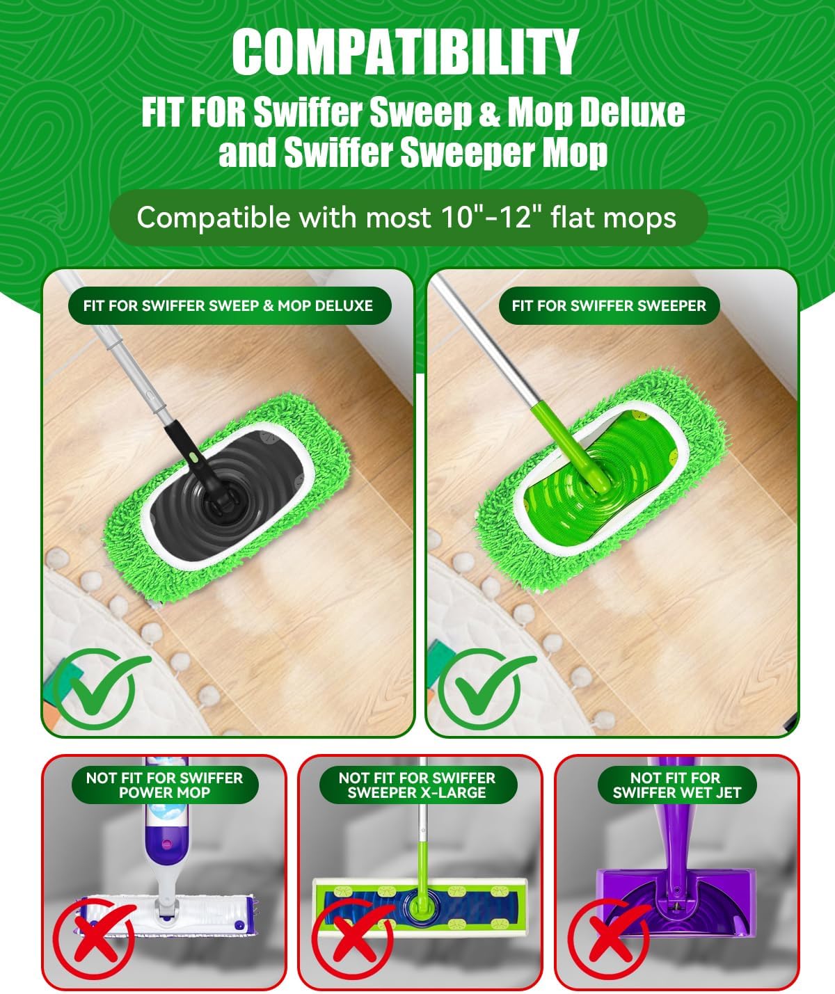 Reusable Microfiber Mop Pads Compatible with Swiffer Sweeper Mop, Wet Pads Refill, Chenille Dry Sweeping Cloths, Washable Wet Mopping Cloths & Dry Cloths for Hardwood Floor Cleaning, 4 Pack