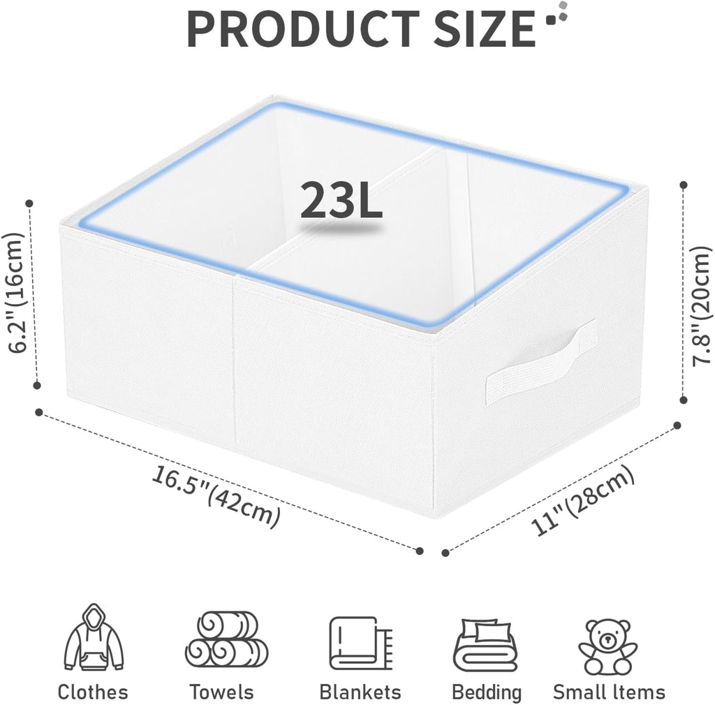 DIMJ Large Closet Shelf Organizer Bins 6 Packs with Handles and Divider, Fabric Trapezoid Storage Baskets, Foldable Clothes Containers Box for Shelf, Towel, Book, Toy, Purse, Hats, ,White
