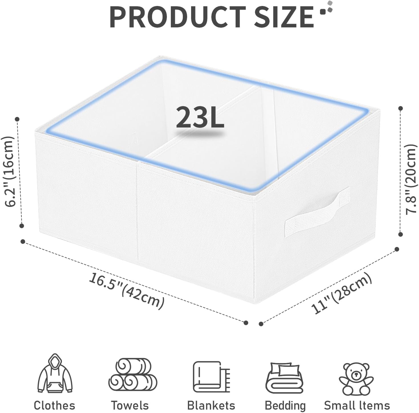 DIMJ Large Closet Shelf Organizer Bins 6 Packs with Handles and Divider, Fabric Trapezoid Storage Baskets, Foldable Clothes Containers Box for Shelf, Towel, Book, Toy, Purse, Hats, ,White
