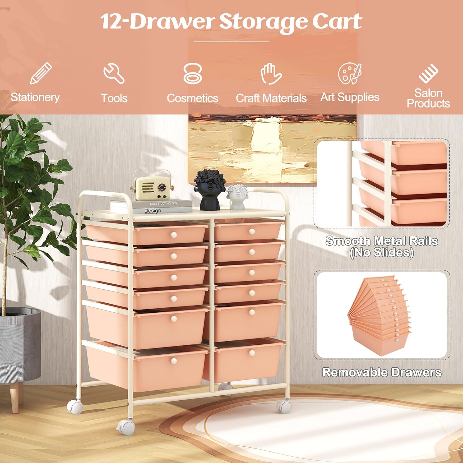 GOFLAME 12-Drawer Rolling Storage Cart, Multipurpose Organizer Cart with 2 Sizes Plastic Drawers, Mobile Utility Cart with Lockable Casters for School, Home Office, Beauty Salon, Peach Fuzz