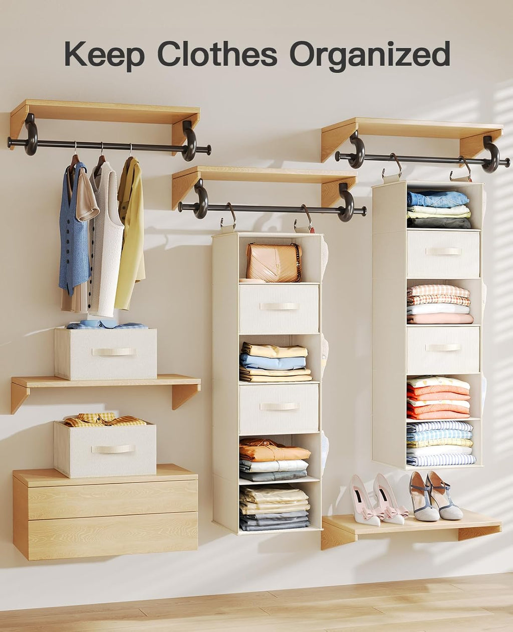 Pipishell Hanging Closet Organizer 6-Shelf, Hanging Shelves for Closet with 3 Removable Drawers & Side Pockets, Hanging Shelf Organizer for Bedroom or Garment Rack, 12'' x 12'' x 43.3'', White