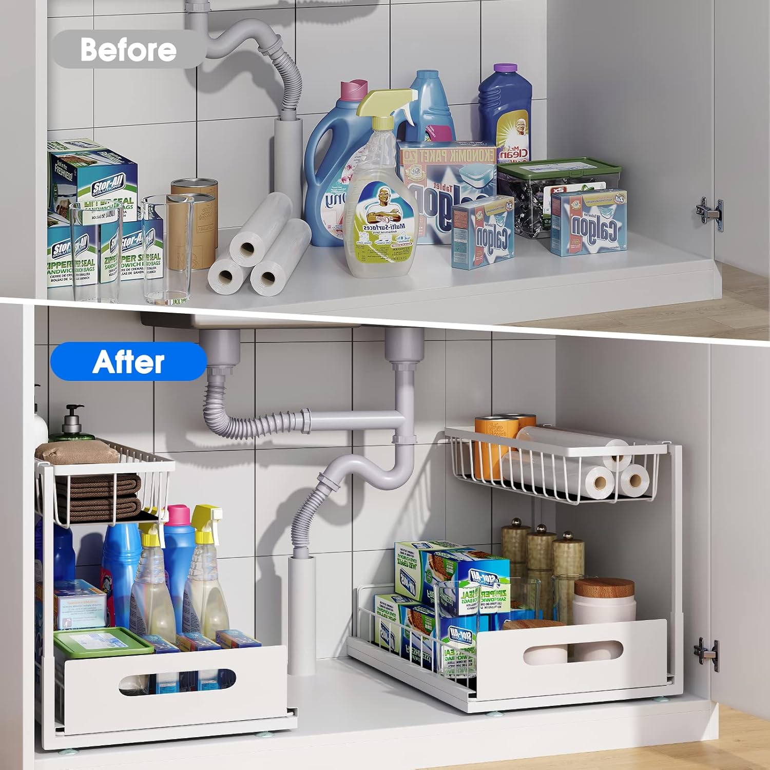 2 Pack Under Sink Organizer, 2 Tier Under Sink Organizers and Storage Multi-Purpose Under Sink Storage for Bathroom Kitchen (White)