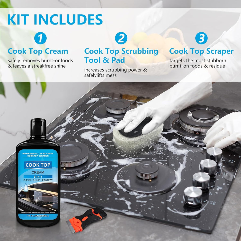Cooktop and Stove Top Cleaner Kit, Glass Cooktop Cleaner Combo Kit with Razor, Scraper, Scrubbing Pad Removes Tough Stains, Stovetop Cleaner for Glass and Ceramic Surfaces，34OZ