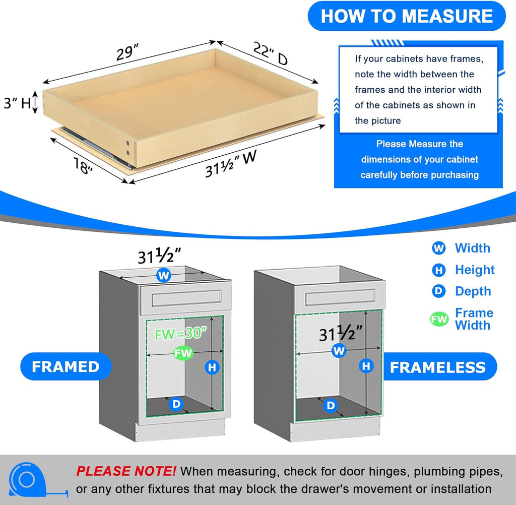 WelFurGeer Soft Close Pull Out Cabinet Organizer, 29" W x 22" D Pull Out Drawer for Cabinets, Cabinet Roll Out Drawers, Slide Out Drawers, Durable Pullout Drawer for Home & Kitchen Organization