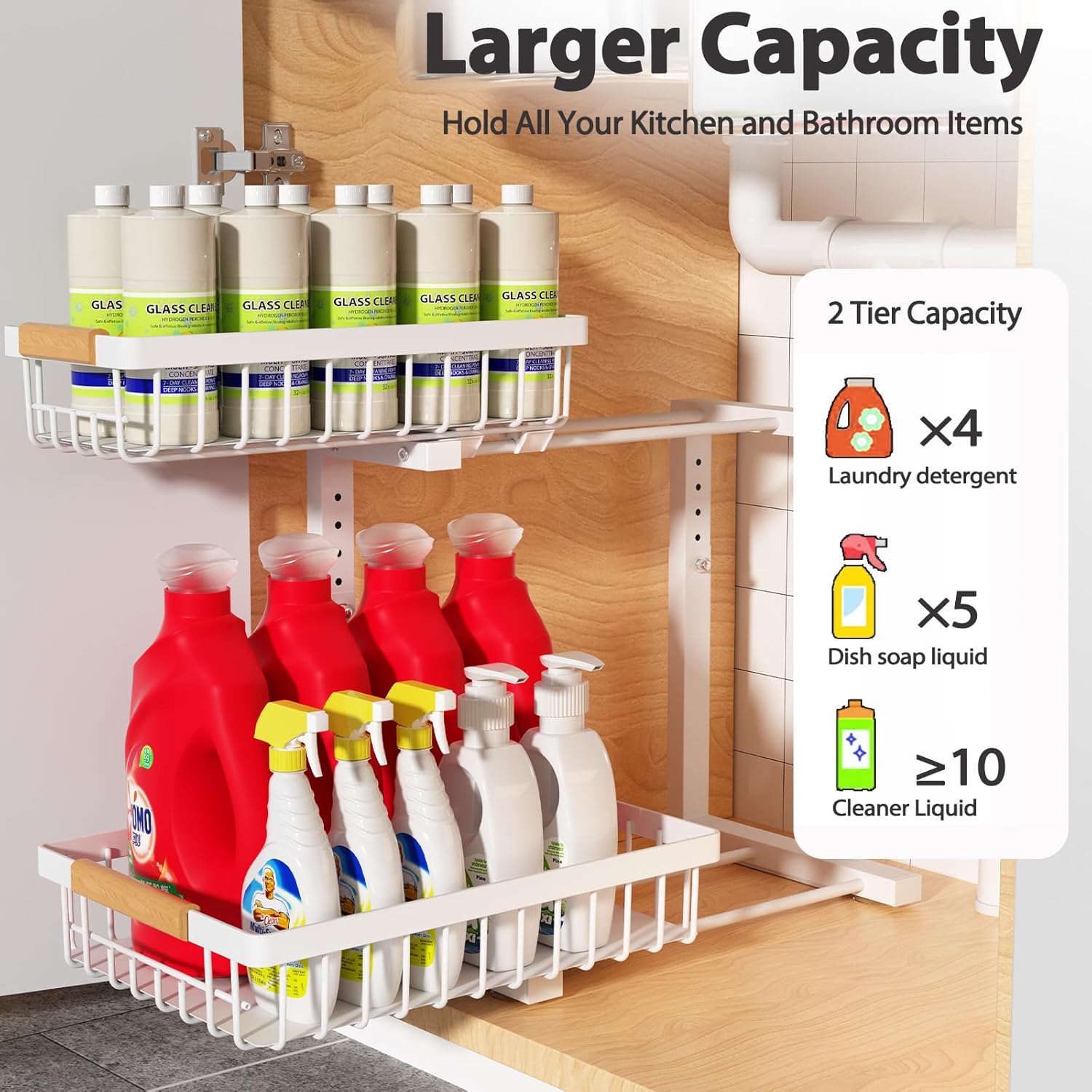 Under Sink Organizer Storage 1 pack, 2 Tier Slide Out Height Adjustable Pull Out Cabinet Organizer Drawers, Kitchen Bathroom Large Capacity Metal Under Sink Rack Caddy Basket Shelves, White