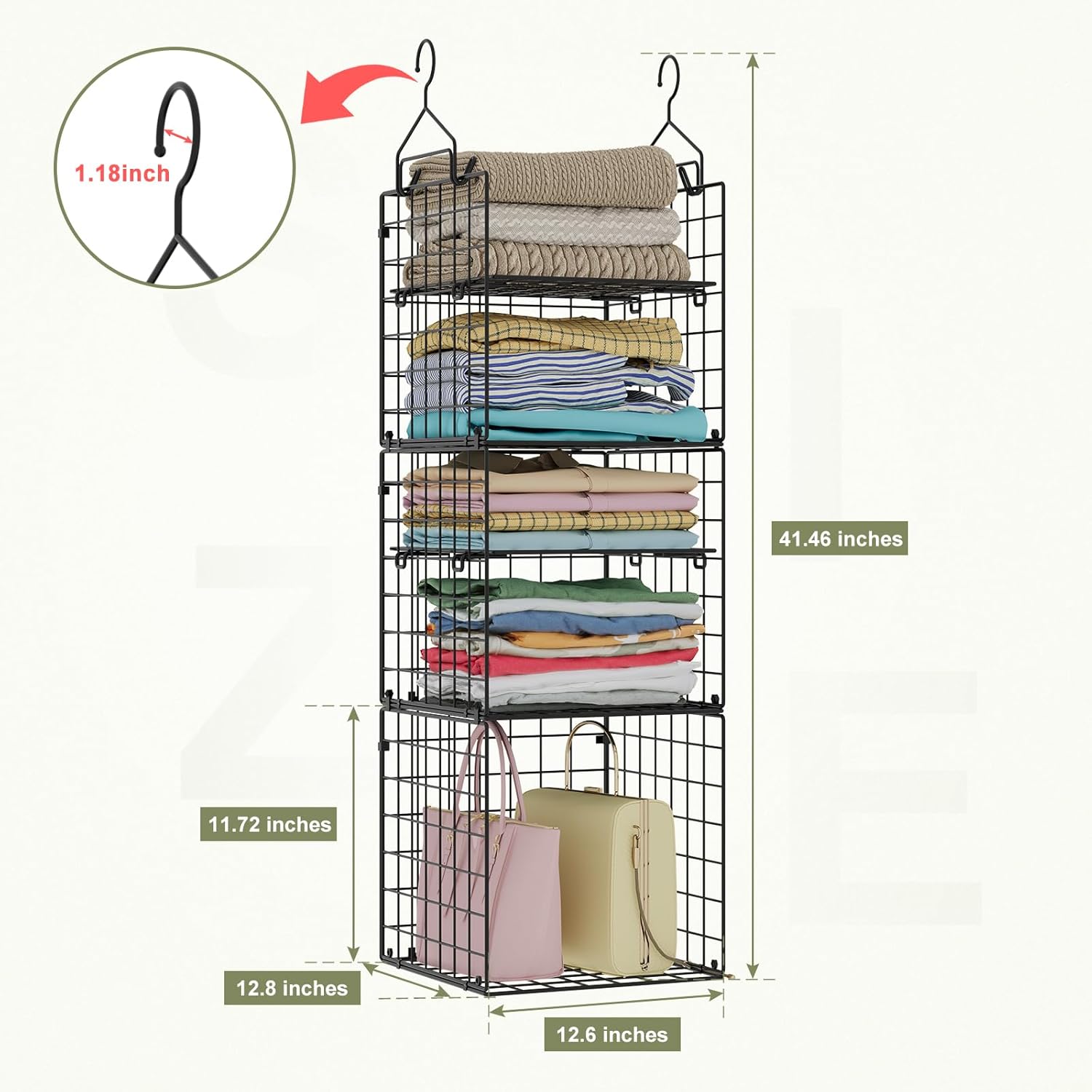 X-cosrack Hanging Closet Organizer and Storage - 5-Tier Closet Storage Organizer Baskets for Clothes & Adjustable Collapsible Metal Closet Hanging Organizer Shelves for Sweaters Shoes Handbags