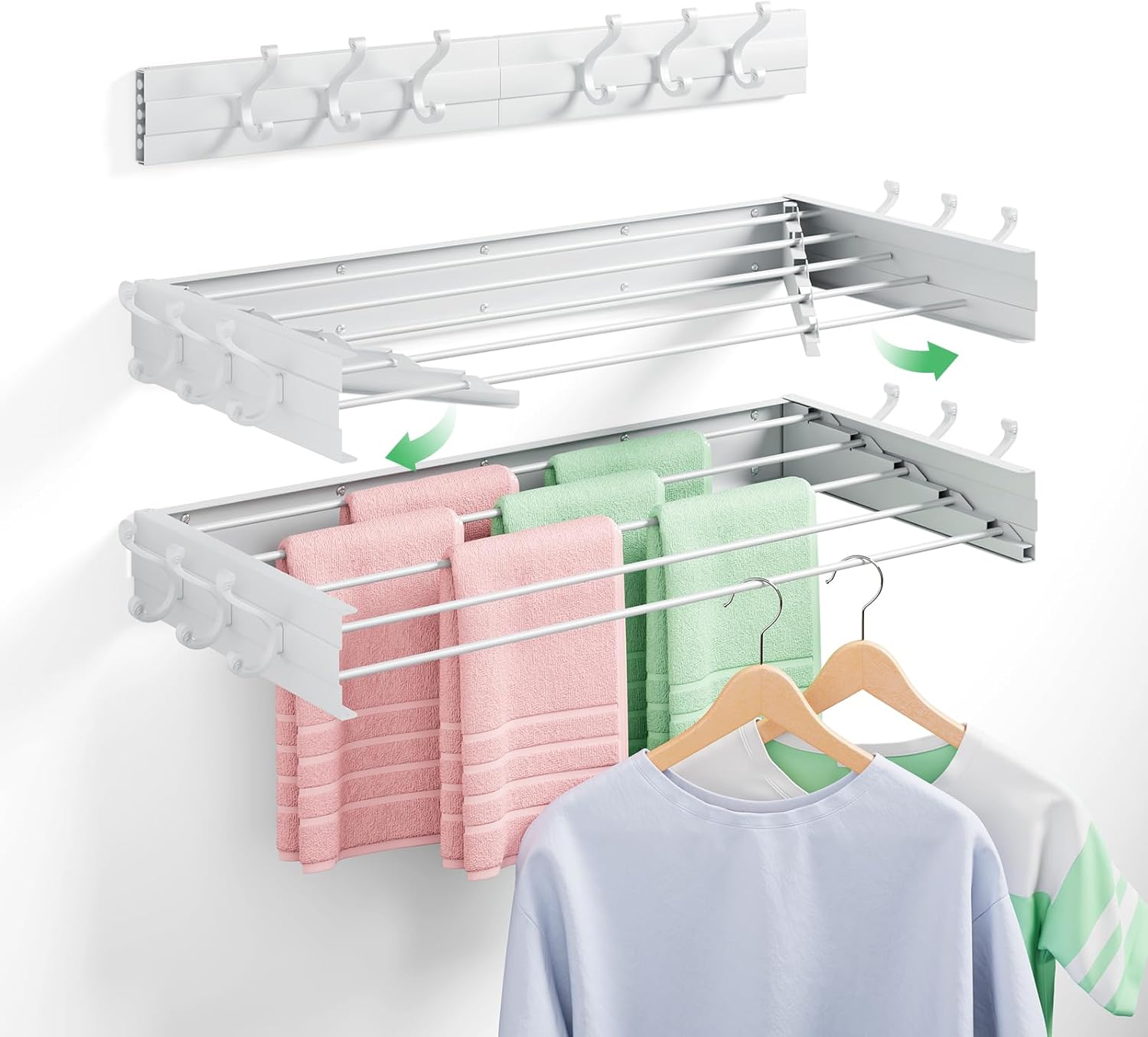 BAKON Clothes Drying Rack Wall Mounted 40", Laundry Clothes Drying Rack Collapsible with 6 Towel Hooks and 5 Rods for Hanging Clothes, Space Saving Laundry Rack for Small Space Bathroom Bedroom(40")