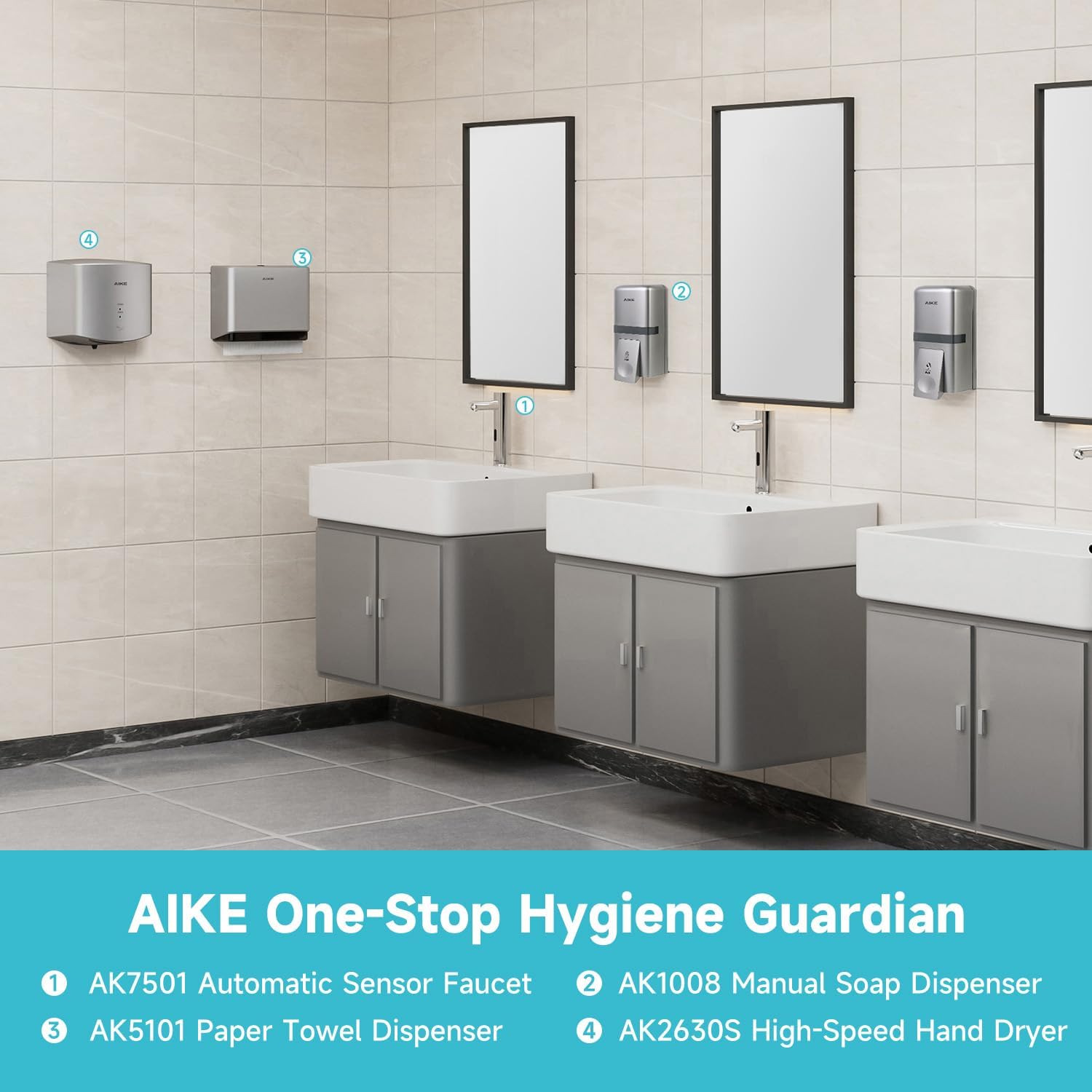AIKE Wall Mount Liquid Soap Dispenser, 27oz Large Capacity with Extended Pump for Commercial Bathrooms(Silver)