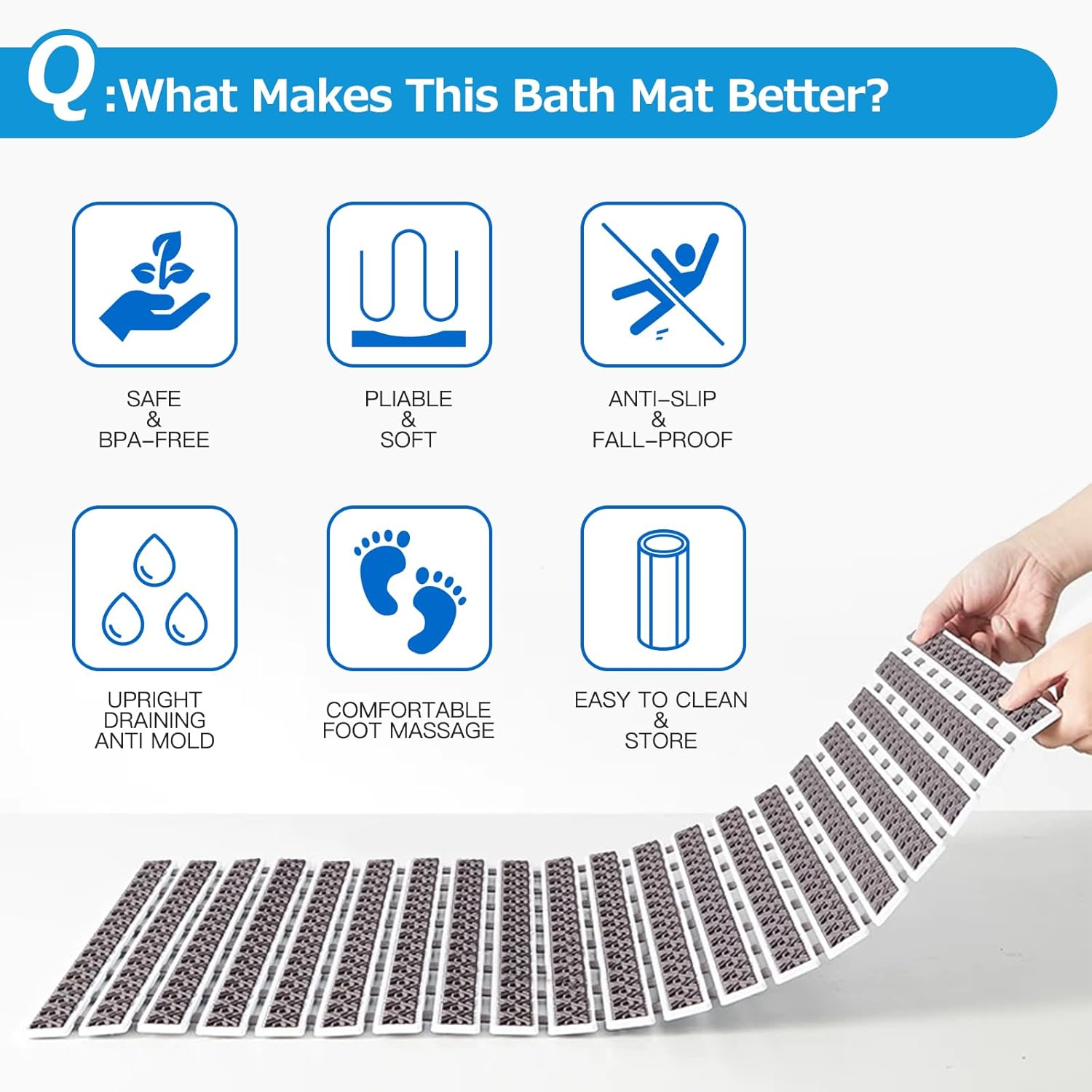 Matace Non Slip Rubber Bathtub & Shower Mat with Suction Cups, Thick Textured Surface, Fast Drain and Upright Drying Design, No Pooling Water for Better Hygiene, 27 x 16 Inch, Dark Gray