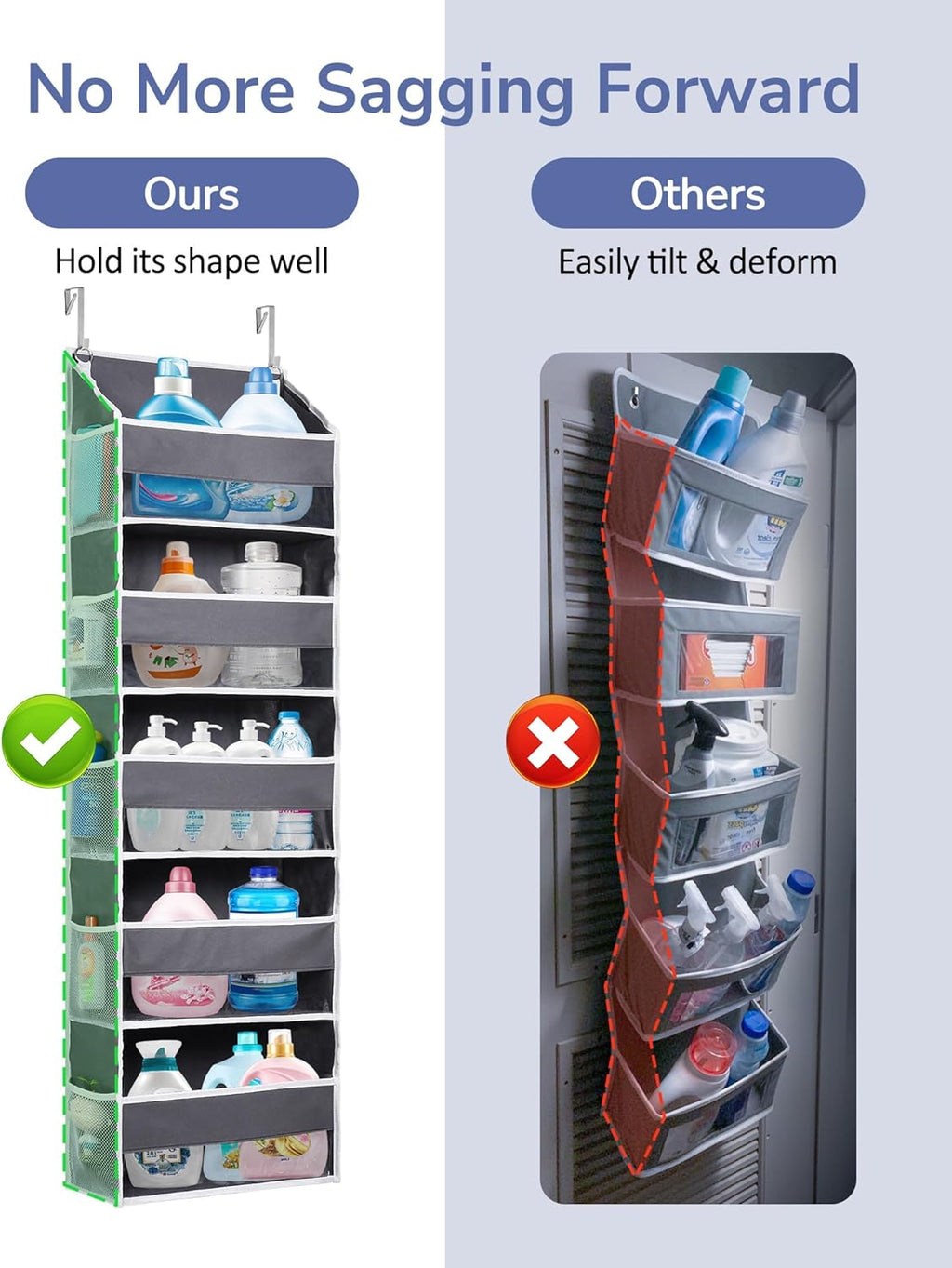 ULG 1 Pack Over Door Organizer with 5 Large Pockets 10 Mesh Side Pockets, 44 lbs Weight Capacity Hanging Storage Organizer with Clear Window Kids Toys, Shoes, Diapers, Dark Grey, 5 Layers