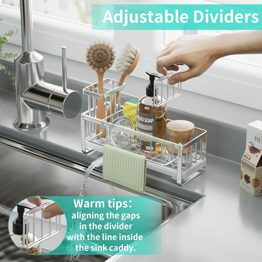 HapiRm Sponge Holder for Kitchen Sink - Self-draining Sink Caddy with Brush Holder and Dishcloth Holder, Stainless Steel Kitchen Organizer - Silver
