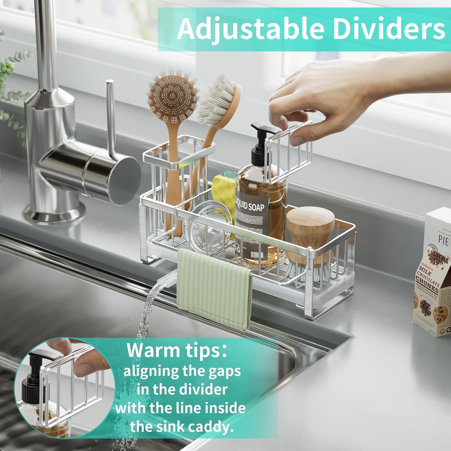 HapiRm Sponge Holder for Kitchen Sink - Self-draining Sink Caddy with Brush Holder and Dishcloth Holder, Stainless Steel Kitchen Organizer - Silver