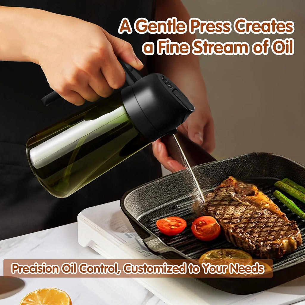 YARRAMATE 16oz/470ml 2PCS Light Blockage Dark Oil Sprayer for Cooking, 2 in 1 Olive Oil Dispenser Bottle for Kitchen, Green Glass Oil Bottle, Food-Grade Oil Mister for Air Fryer, BBQ (Black & White)
