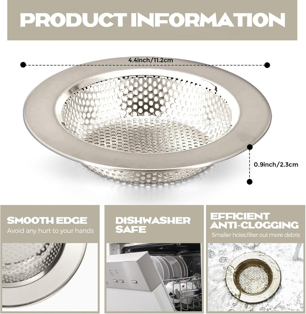 Retisee 2 Pcs Sink Strainer Stainless Steel Kitchen Sink Drain Strainer Basket Cover Mesh Hair Food Catcher, Large Wide Rim of 4.4 Diameter(Brushed Silver)