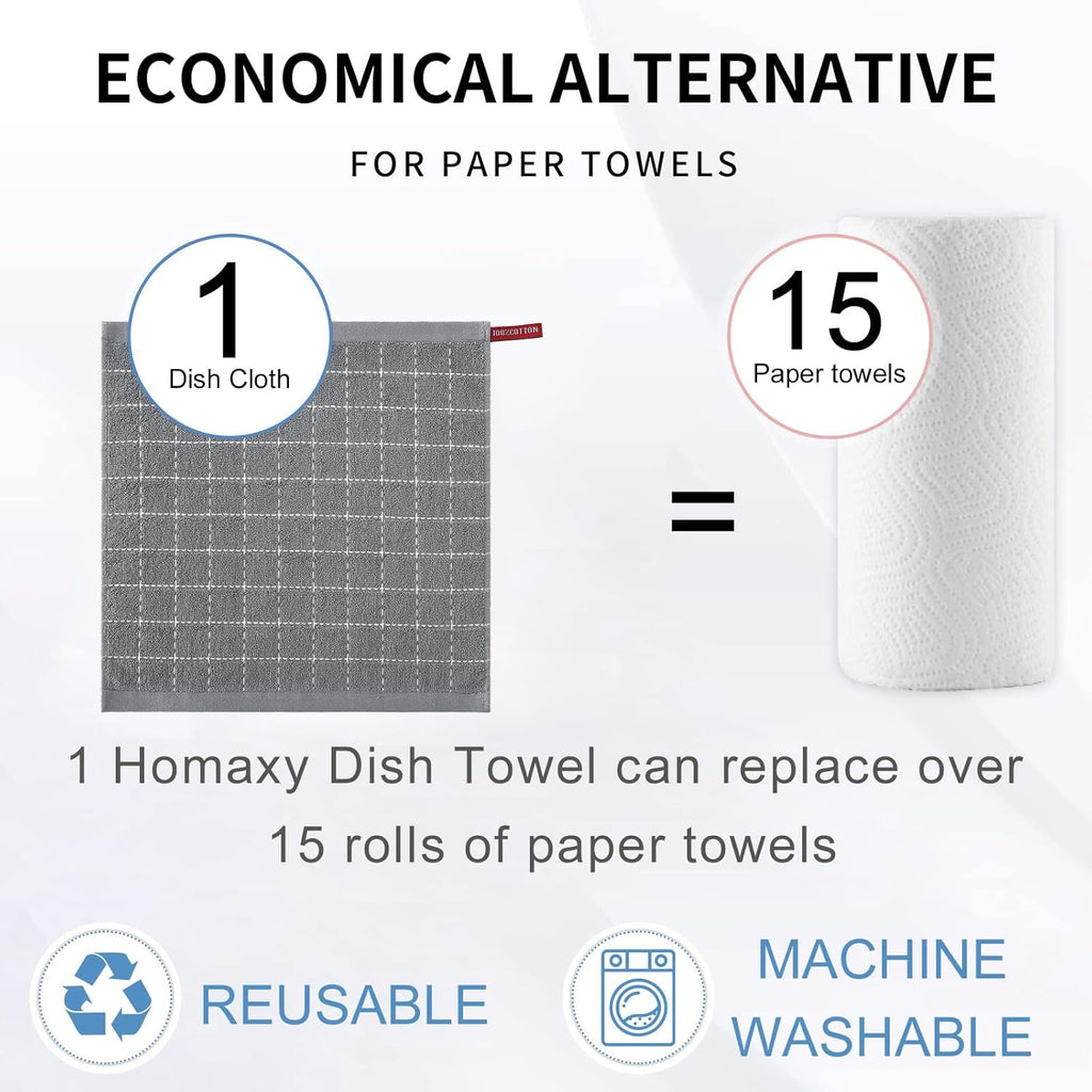 Homaxy 100% Cotton Terry Kitchen Dish Cloths, Ultra Soft and Absorbent Dish Towels for Kitchen, Suitable for Drying and Washing Dishes, 12 Pack, 12 x 12 Inches, Grey