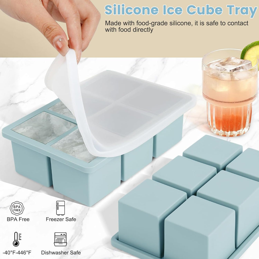 Large Silicone Ice Cube Tray 3Pack, SAWNZC Big Square Ice Cube Molds for Whisky Cocktail, Ice Maker Tray with Lid for Freezer, Easy Release (3, Blue)