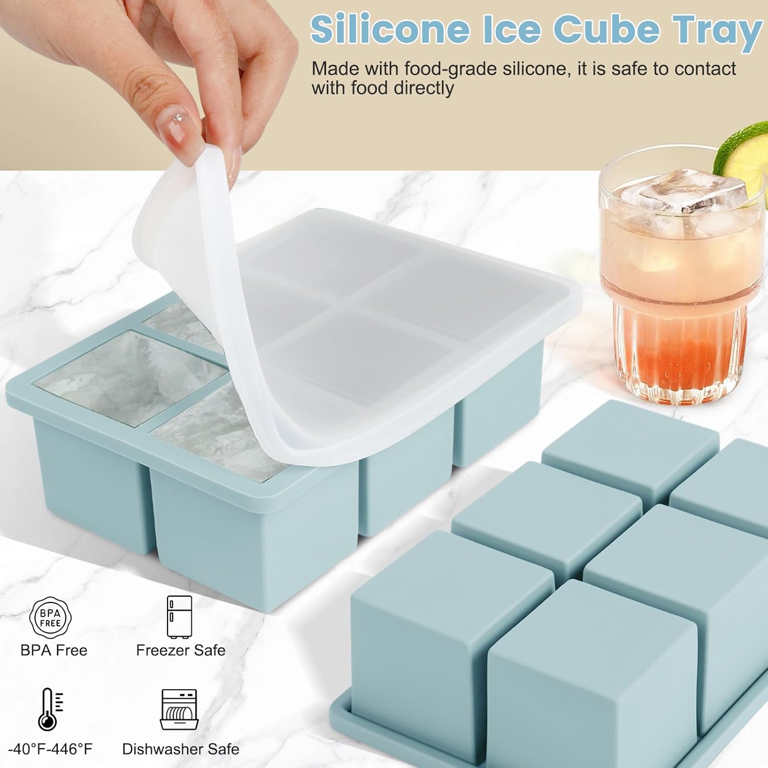 Large Silicone Ice Cube Tray 3Pack, SAWNZC Big Square Ice Cube Molds for Whisky Cocktail, Ice Maker Tray with Lid for Freezer, Easy Release (3, Blue+Green+Purple)