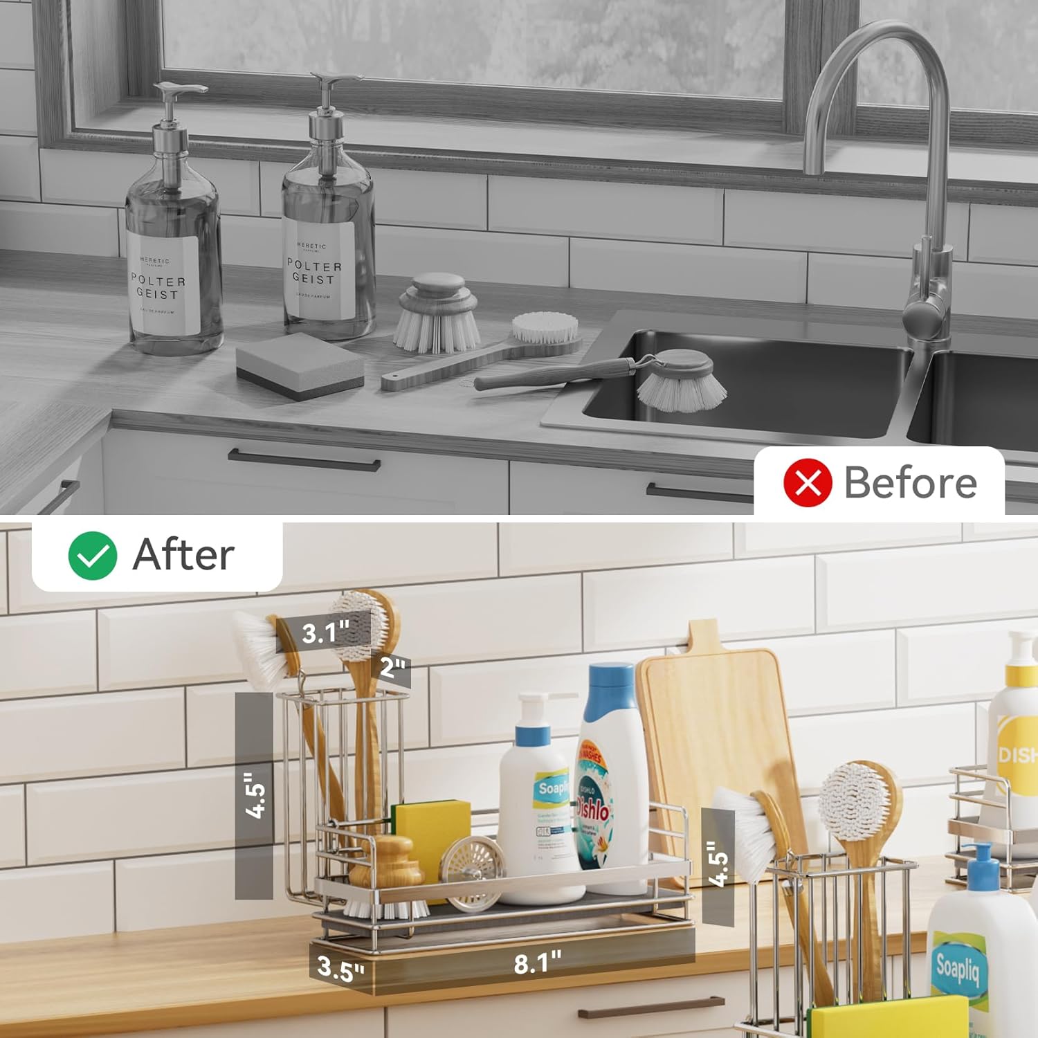 Yofidra Sink Caddy with Stone Drying Tray: Stainless Steel Soap Dispenser Kitchen Sink Organizer Set, Sponge Holder Counter Accessories Decor for Kitchen Organizers and Storage 8.1x3.5x4.5 in Sliver