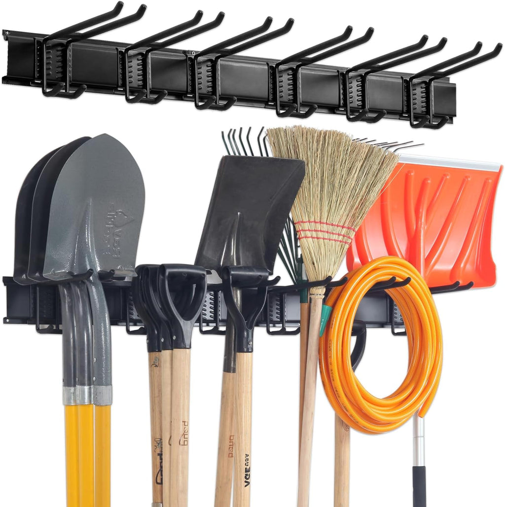 Wall Mount Tool Storage Rack, Garage Organization, Heavy Duty Garage Storage Tool Organizer, Garden Tool Wall Hooks and Hangers, Hold Up to 350lbs Black