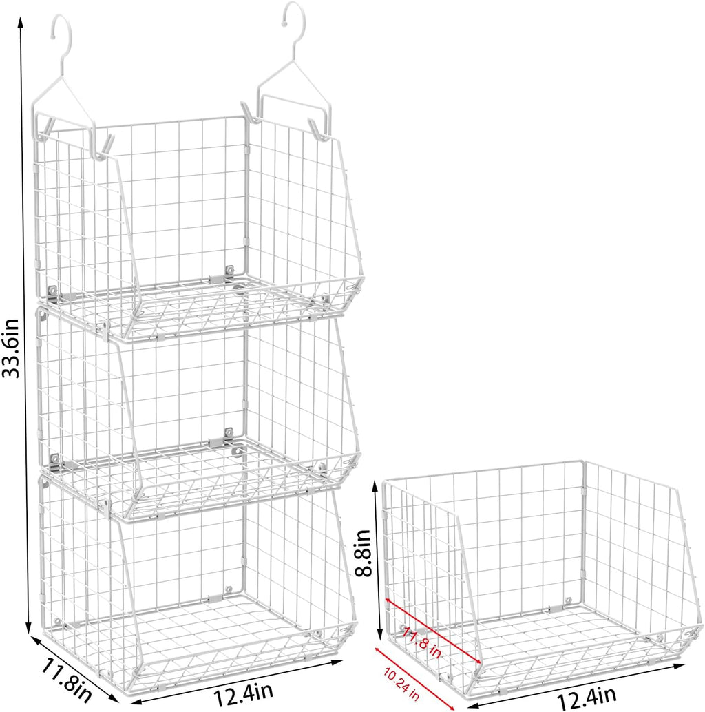 X-cosrack 3 Tier Foldable Closet Organizer, Clothes Shelves with 5 S Hooks, Wall Mount&Cabinet Wire Storage Basket Bins, for Clothing Sweaters Shoes Handbags Clutches Accessories-White Patent Design
