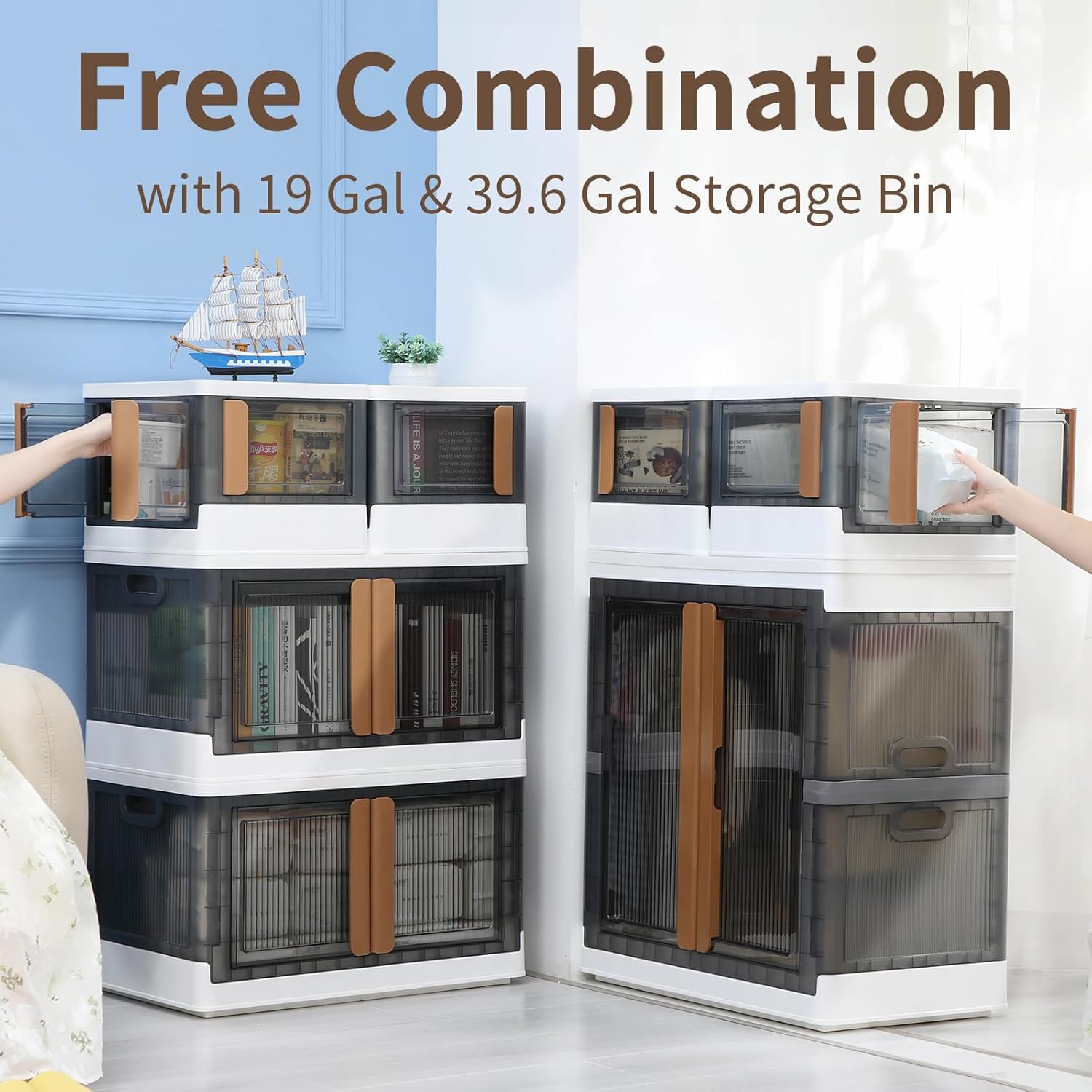 HAIXIN Folding Storage Bins with Left Doors and Right Doors Opening, 6.86 Gal Bookcase, Stackable Storage Cabinet, Plastic Shelves Organizer, Space-Saver Pantry Storage, Room Organization, 6 Pack