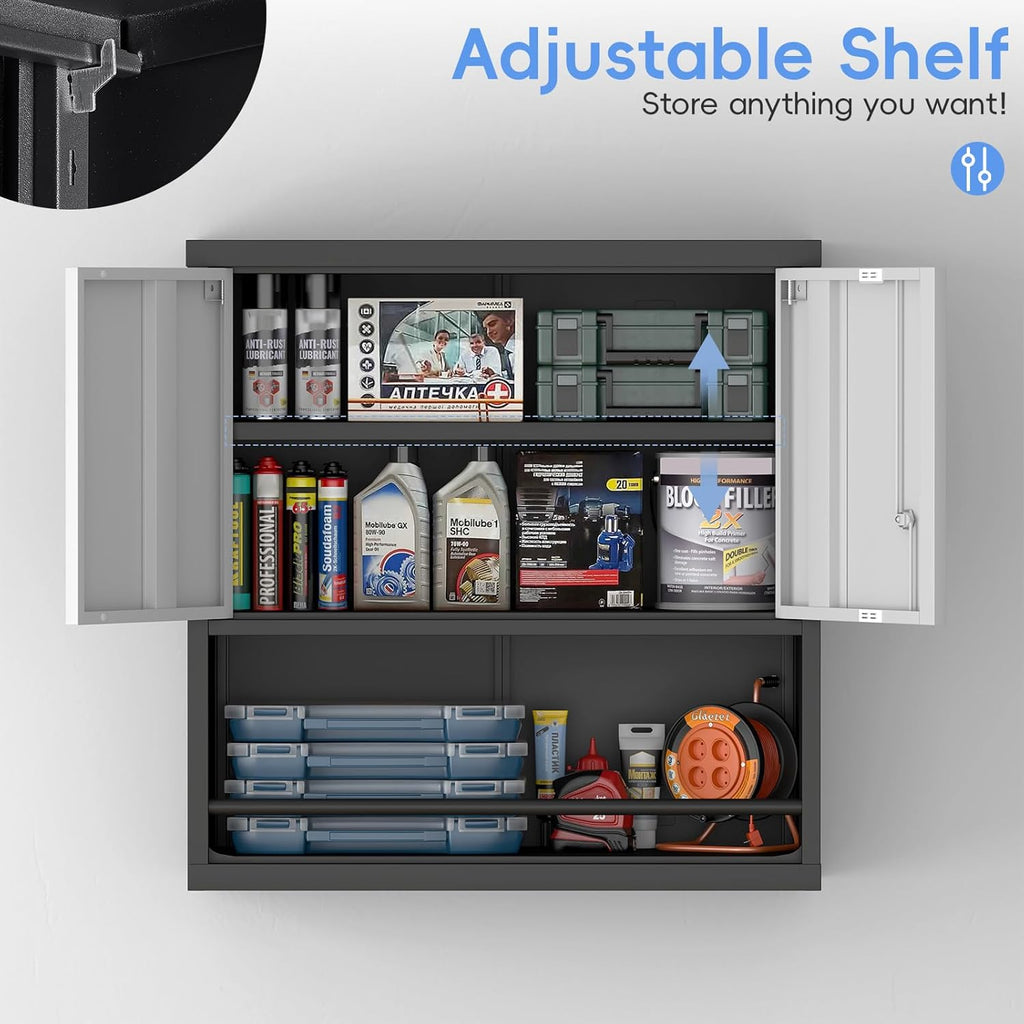 Metal Garage Cabinets, Lockable Storage Cabinet, Metal Cabinet with Open Storage, Upper Tool Cabinet for Basement, Wall Mounted Cabinets for Shop