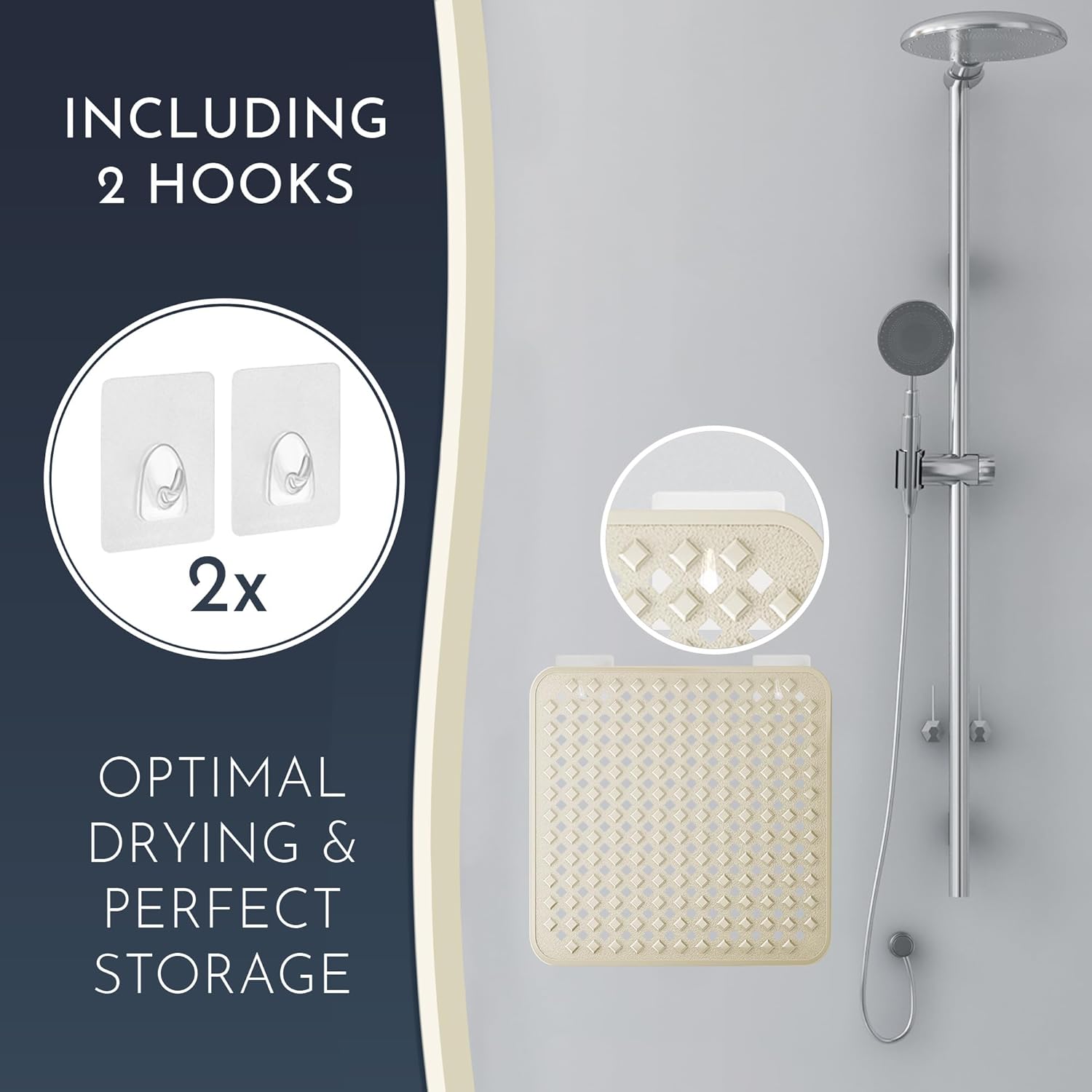Homerella Anti Slip Shower Mat | Anti Mold Non Slip Bathtub Mat for Inside Shower | Square Floor Shower Mat 21 x 21 inch with Suction Cups for Grip & Hooks Hanging and Quick Drying | Machine Washable