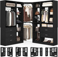 Corner Closet System with 5 Drawers, Closet Organizer System with 15+Shelvess & 4 Hanging Rods, 63.2"L * 63.2"W / 87.2"L * 39.2"W Reversible L Shaped Walk-in Closets, Load 2500+LBS, Black