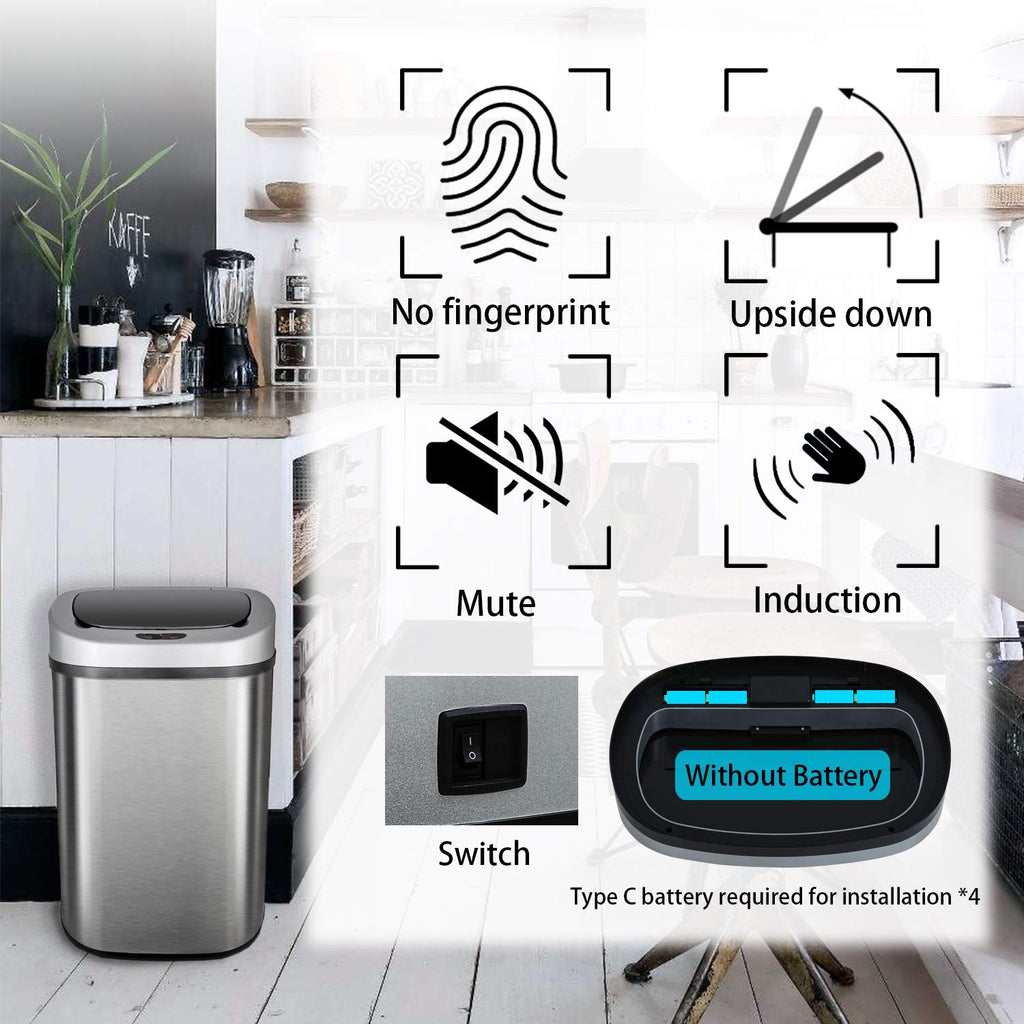 HCB Trash Can Automatic Waste Bin Mute Metal Garbage Can with Lid Stainless Steel 13 Gallon 50 Liter for Kitchen | Office | Bedroom | Bathroom | Living Room, 11” x 16” x 23”