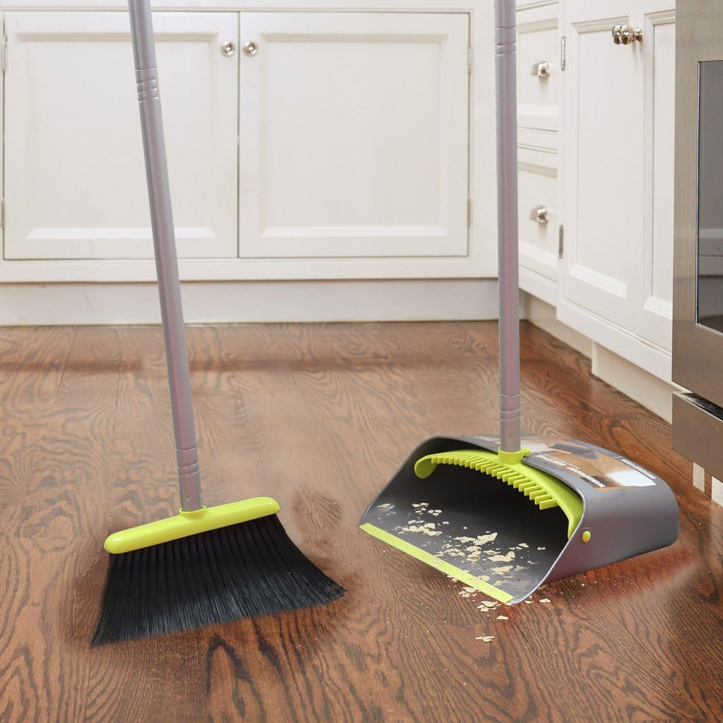 TreeLen Broom and Dustpan Set, TreeLen Broom with Dust Pan with Long Handle Combo Set for Office and Home Standing Upright Sweep Use with Lobby