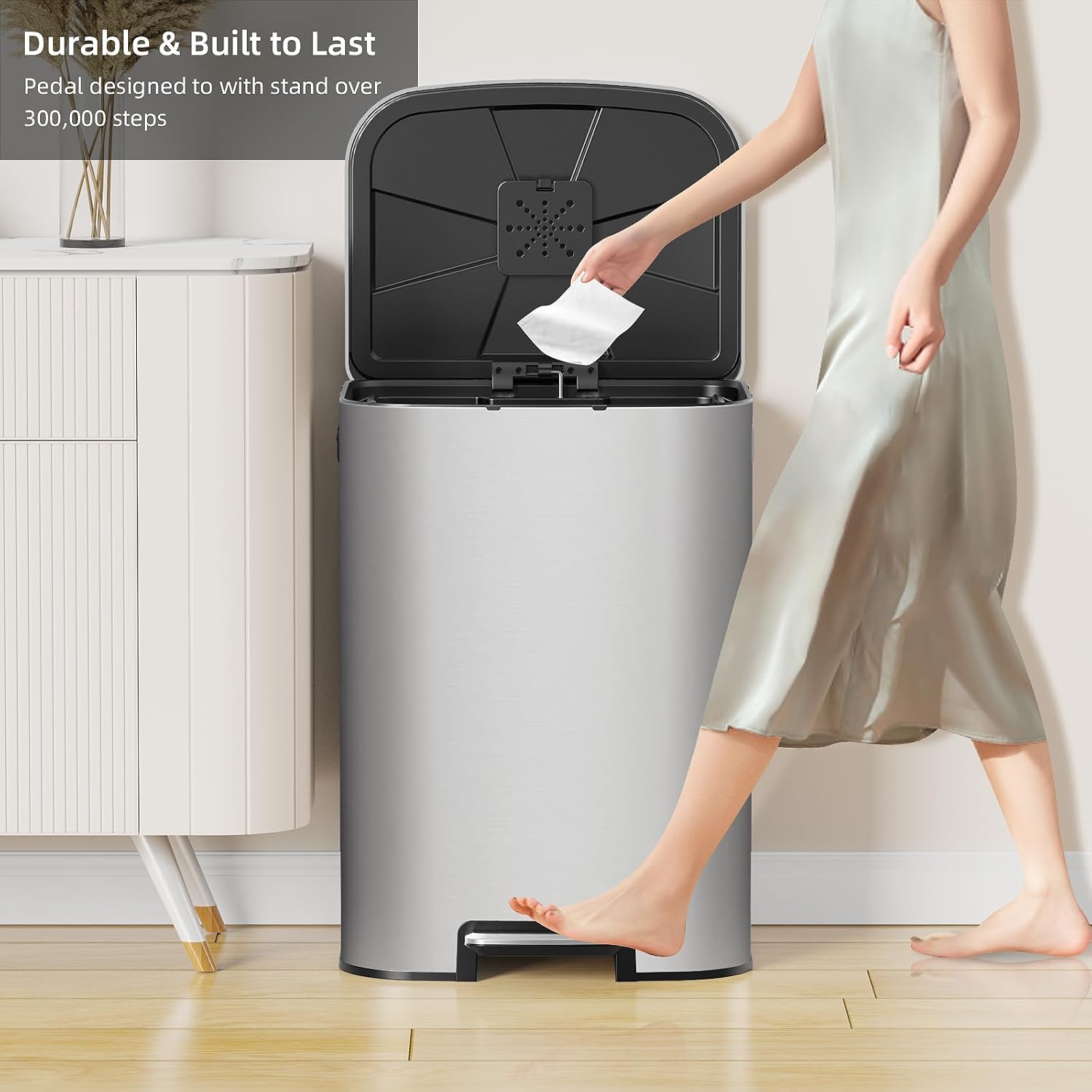 KUK 16 Gallon Kitchen Trash Can with Lid, Heavy Duty Hands-Free Stainless Steel Commercial Step Trash Bin with Removable Inner Bucket, Pedal Rubbish Bin for Home Office and Kitchen, 60L/16Gal