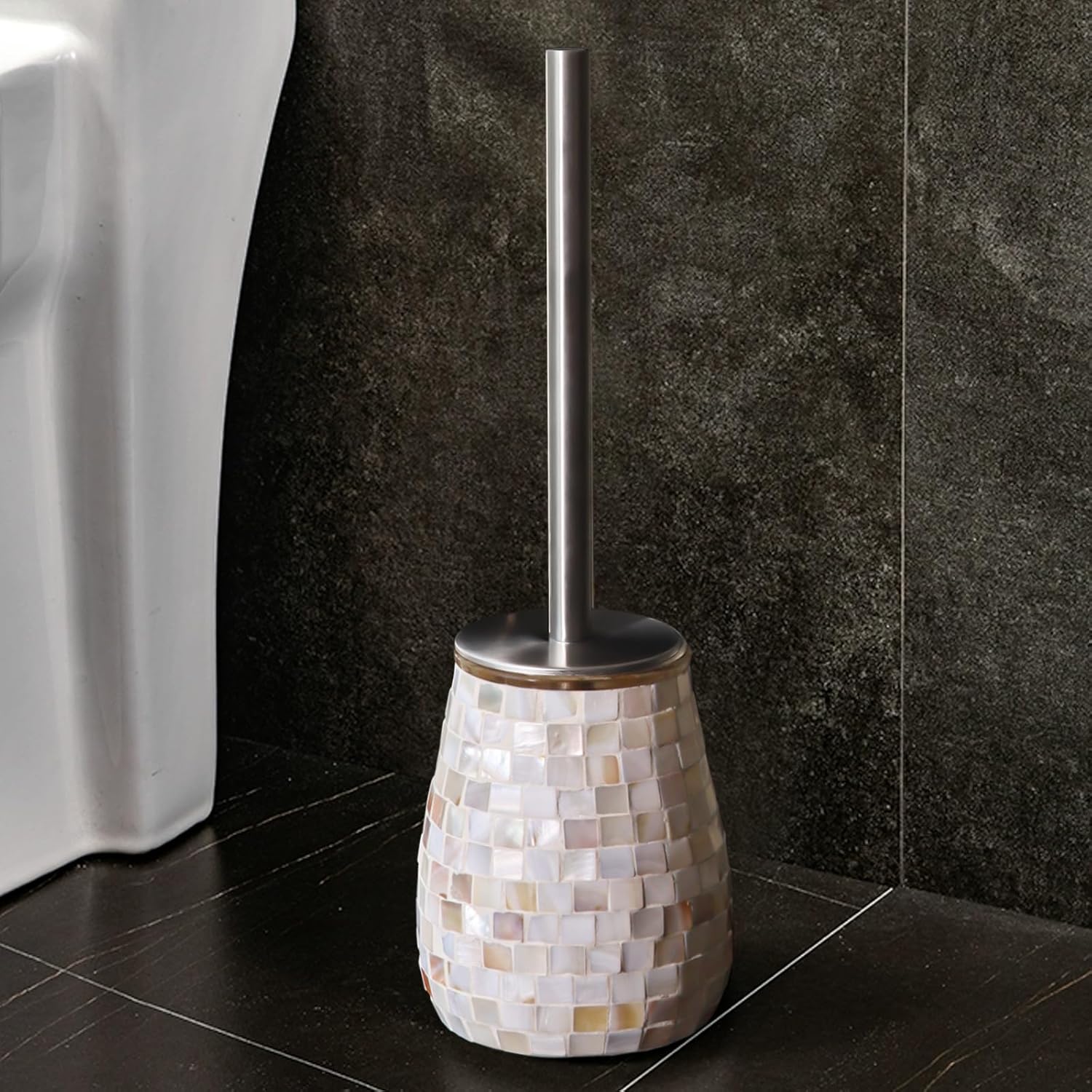 WDHODEC Natural Shell Toilet Brush and Holder Set Mosaic Glass, Stainless Steel Toilet Scrubber Brush, Decorative Toilet Bowl Brush and Holder, Luxury Bathroom Accessories