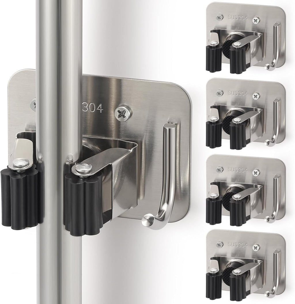 Broom Holder Wall Mount Screw Drilling, Sturdy Heavy Duty Stainless Steel Mop Gripper Rack Perforated, Perfect for Laundry Room Organizer, Fit with Laundry Kitchen Garage Garden Storage System