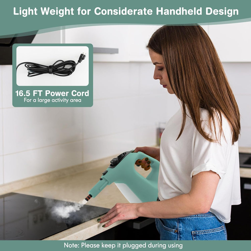 COSTWAY Handheld MultiPurpose Steam Cleaner with 17 Pieces, 350ml Large Capacity Steam Mop Continuous Fill water, Portable Chemical-Free Steamer for Home Use, Floors, Windows, 1400W, Green