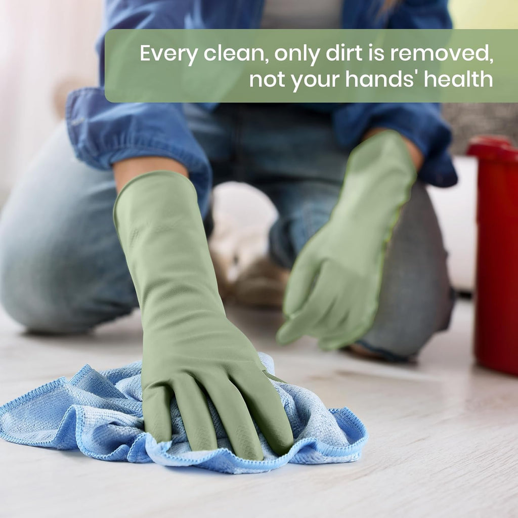 Rubber Cleaning Gloves for Dishwashing, 4 Pairs Reusable Kitchen Gloves for Washing Dishes and Household Cleaning, Green Dish Gloves with Flocked Lining and Non-Slip Grip, Pefect for Woman Men - L