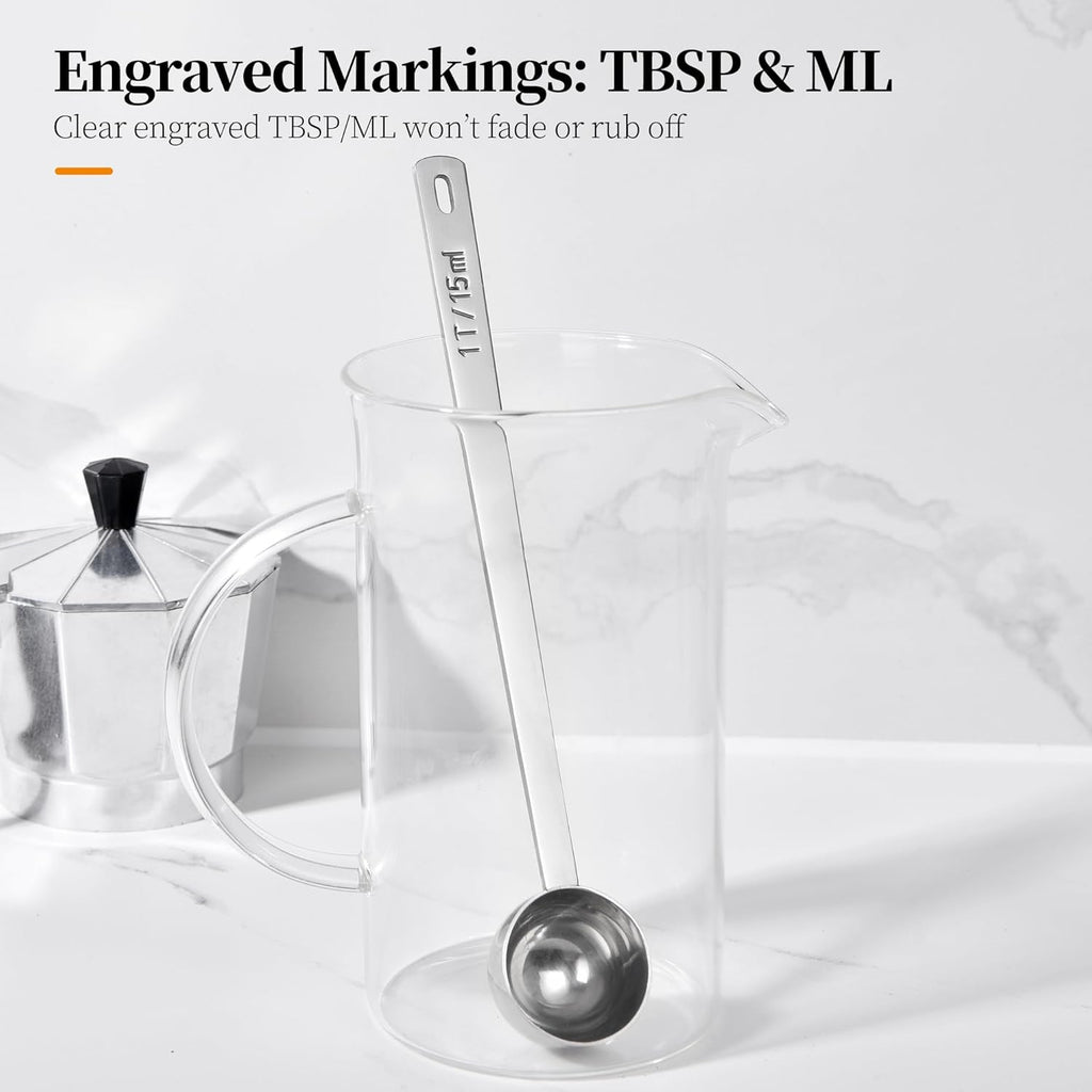 Long Handle Coffee Scoop: 8.3 Inch 18/8 Stainless Steel 1 Tablespoon Metal Measuring Spoon Tbsp Scoop for Coffee Beans, Grounds Coffee, Coffee Powder, Tea, Tall Jars (1Tbsp/15ml)