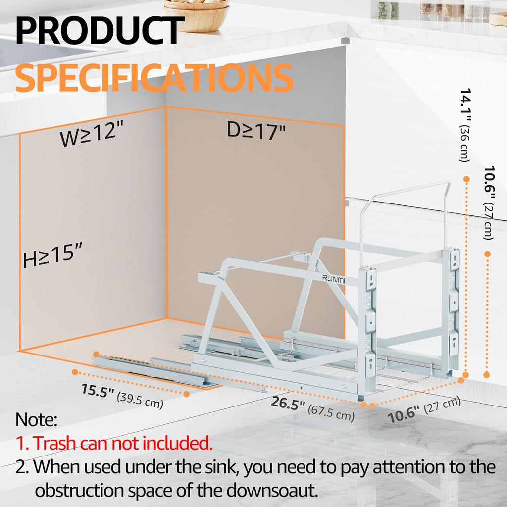 Pull Out Trash Can Under Cabinet Kit with Soft-Close Slides,Twin-Mode Under Sink Trash Can Pull Out for Kitche Sink Drawer,Requires Minimum Cabinets Opening 12" W X 18" D(Trash Can Not Included)