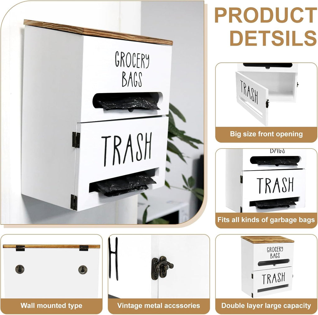 2 in 1 Trash Bag Dispenser, Double Wall Mounted,Wood Trash Bag Holder, used in kitchen, garage, laundry room, can store Environmentally friendly food bags and garbage bags (White)