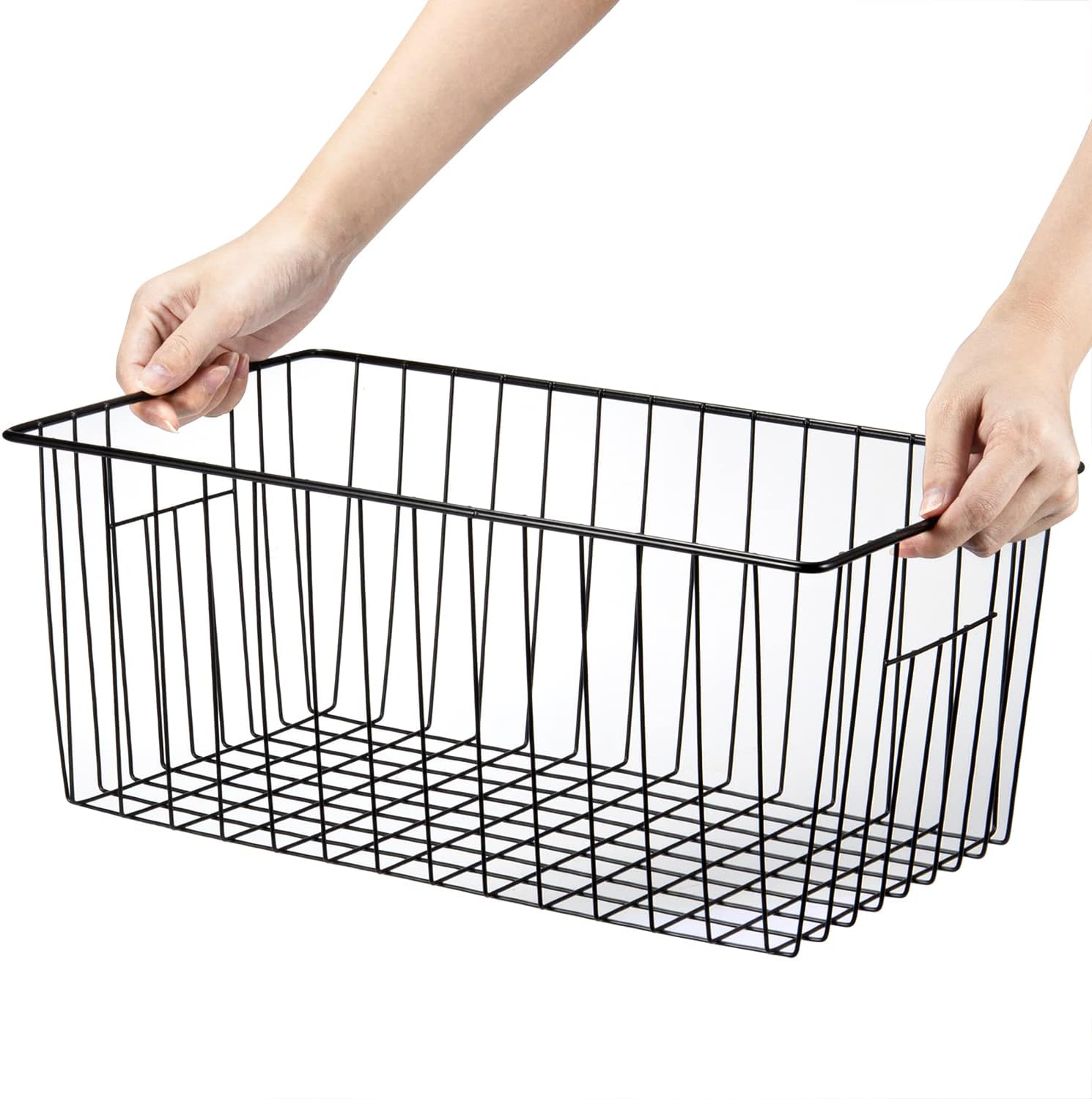 16" L x 12" W Wider Freezer Storage Organizer Baskets Container, Deep Metal Wire Chest Upright Refrigerator Divider with Built-in Handles for Cabinet, Pantry, Closet, Kitchen, Black