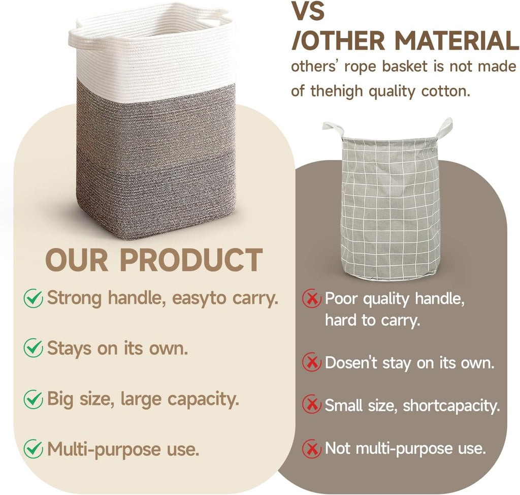 CLHMILY&Z 75L Laundry Hamper Rectangular Cotton Rope Basket - 16x13x22 Inches - Durable and Soft Storage Bin for Clothes, Toys, and Nursery Essentials, Brown & White